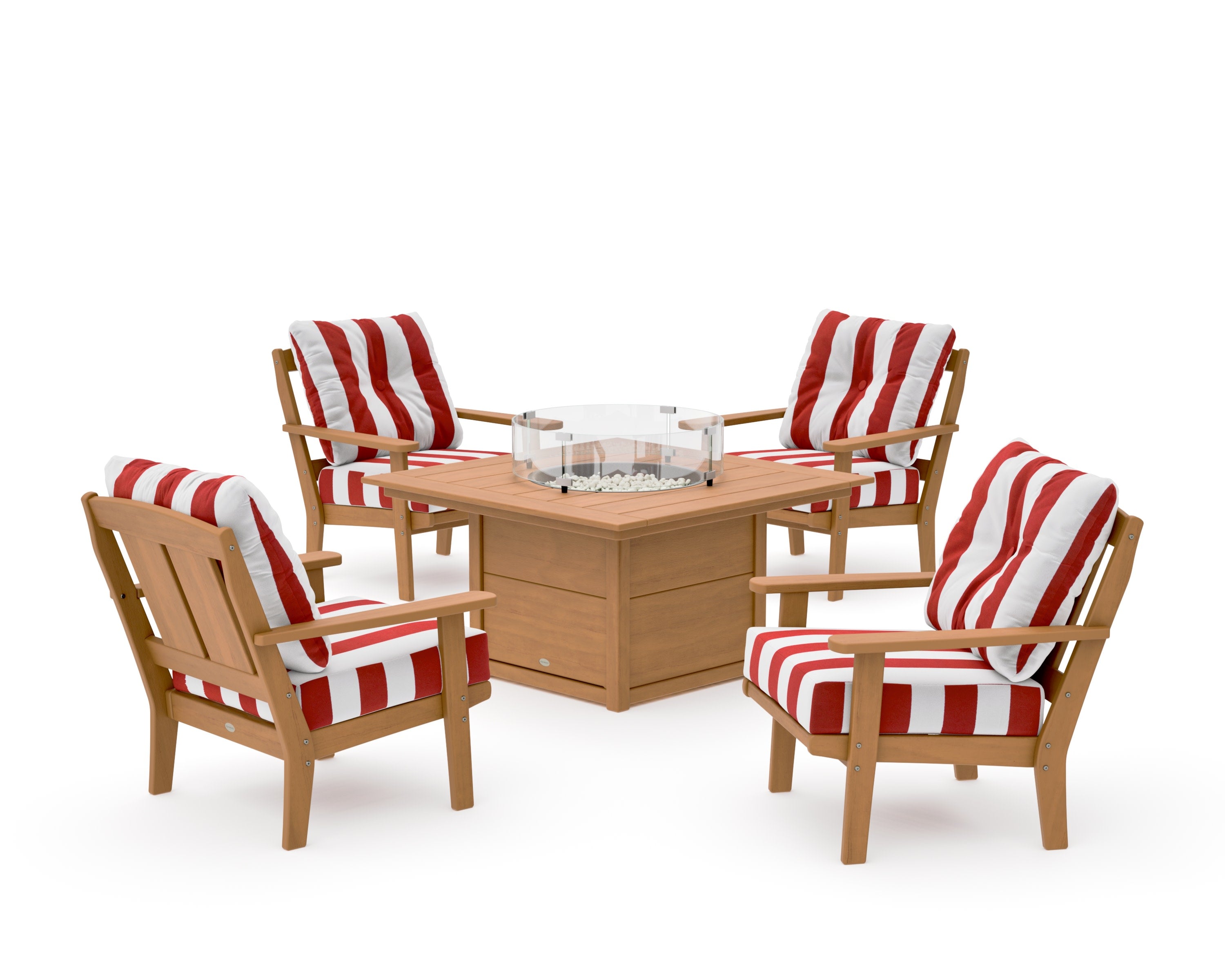 Mission 5-Piece Deep Seating Set with Fire Pit Table in Natural / Cabana Stripe Crimson