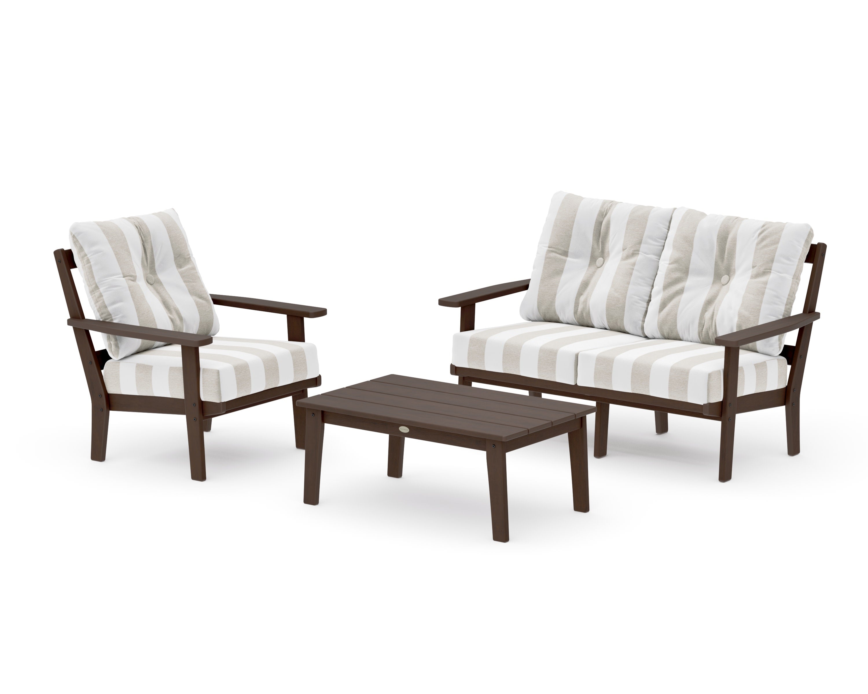 Oxford 3-Piece Deep Seating Set with Loveseat in Kona / Cabana Stripe Dune Burlap