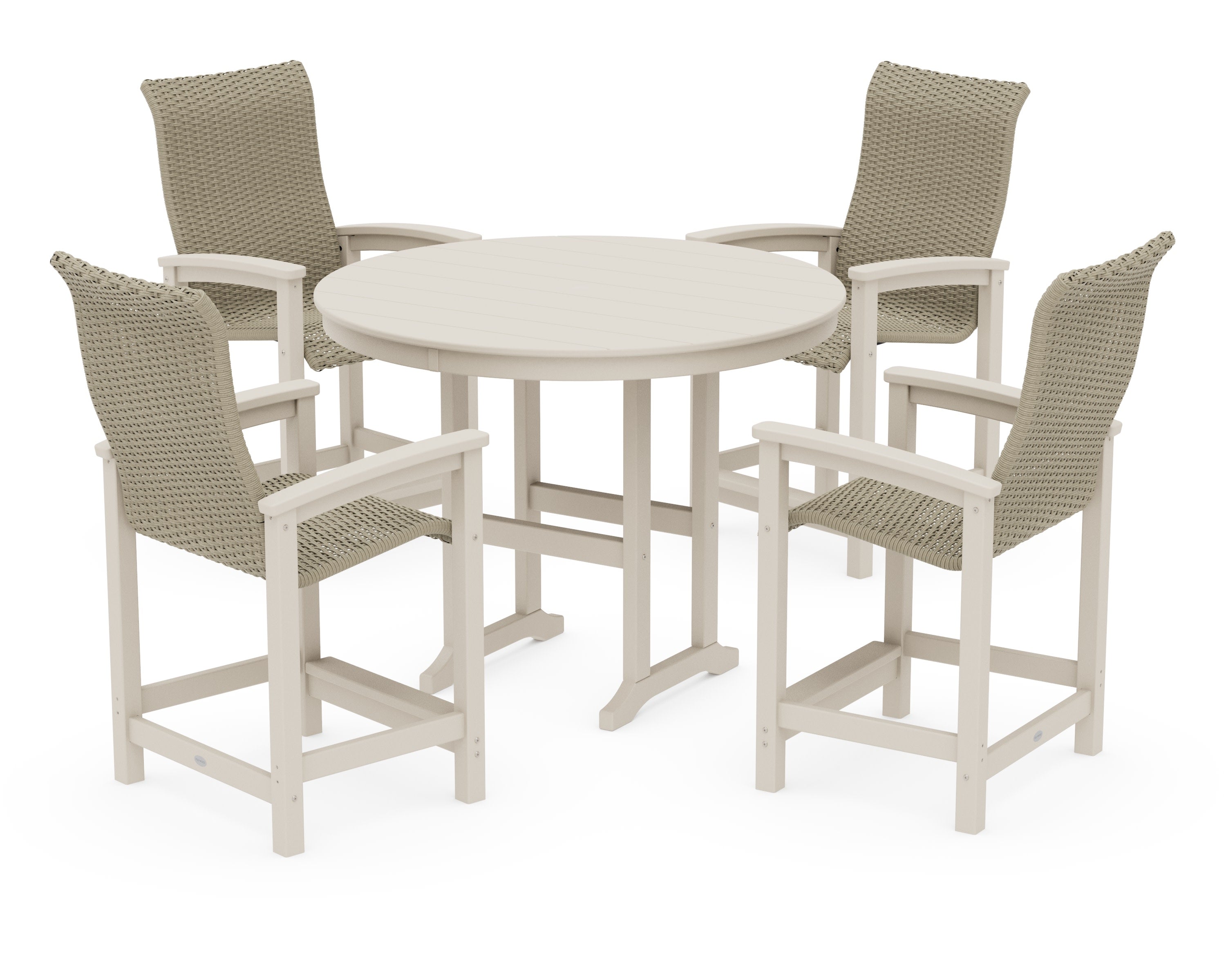Coastal Woven High-Back 5-Piece Round Farmhouse Counter Set in Sand / Dune Grass