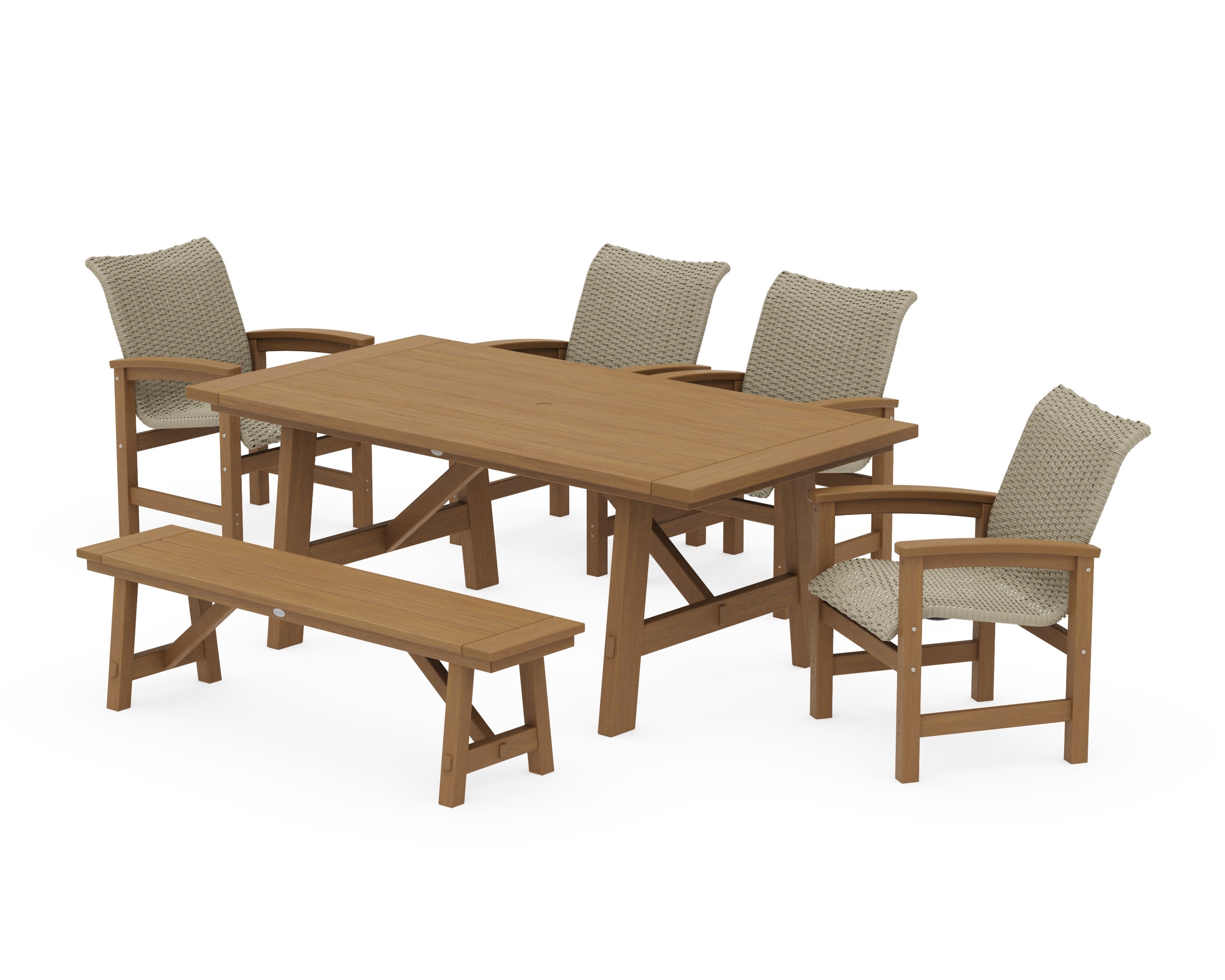 Coastal Woven 6-Piece Rustic Farmhouse Dining Set with Bench in Natural / Dune Grass