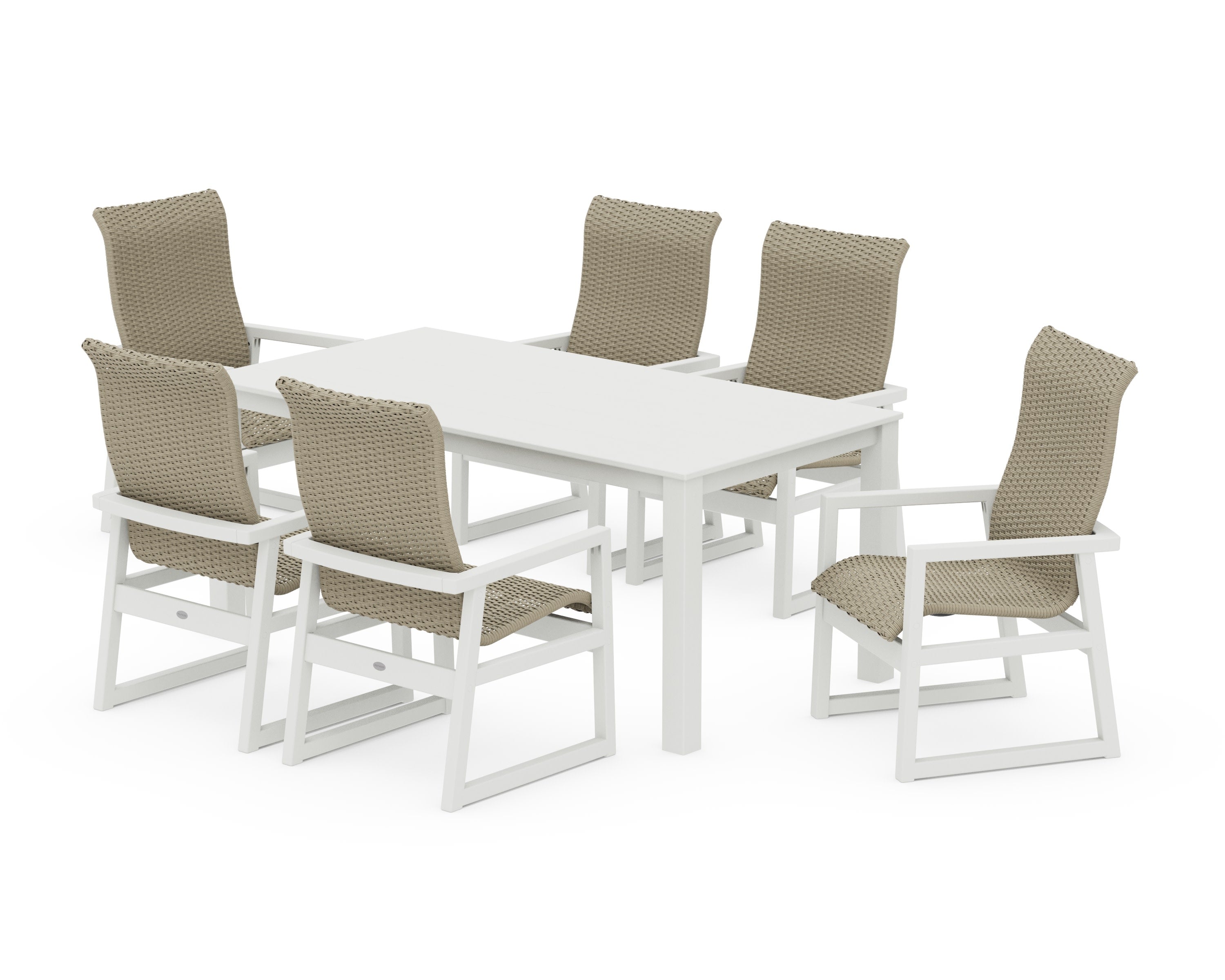 EDGE Woven Highback Arm Chair 7-Piece Parsons Dining Set in Vintage White / Dune Grass