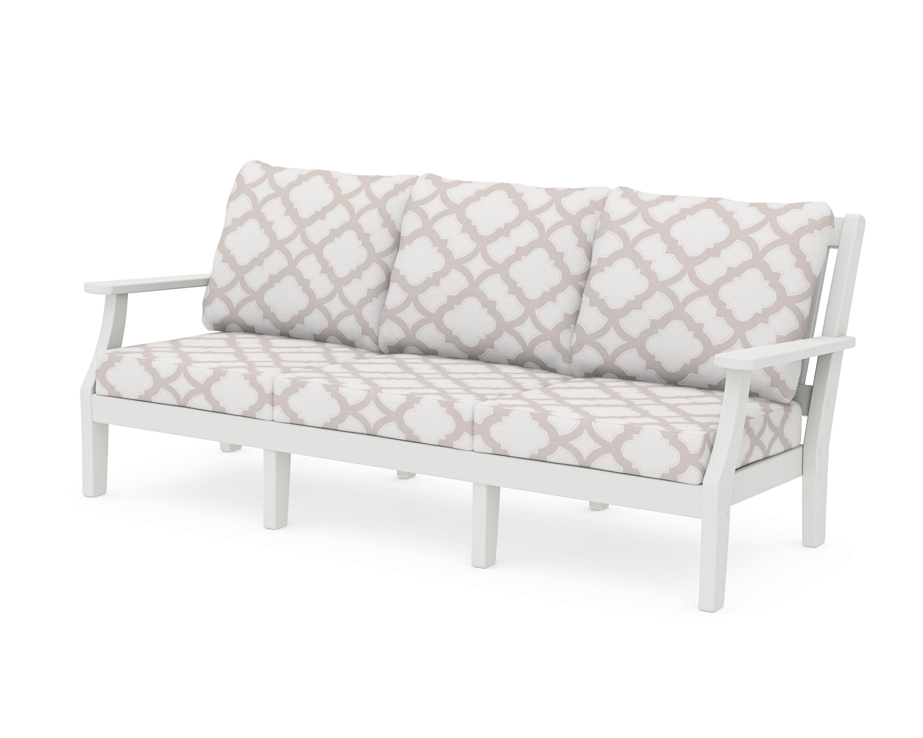 Chinoiserie Deep Seating Sofa in Vintage White / Trellis Dune Burlap