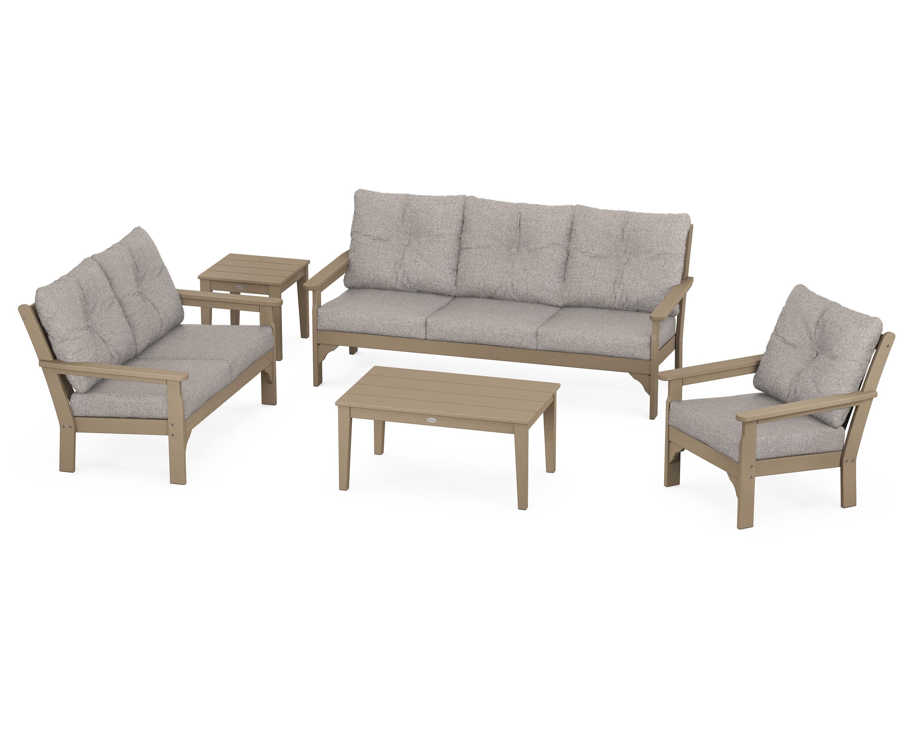 Vineyard 5 Piece Deep Seating Set in Vintage Sahara / Weathered Tweed