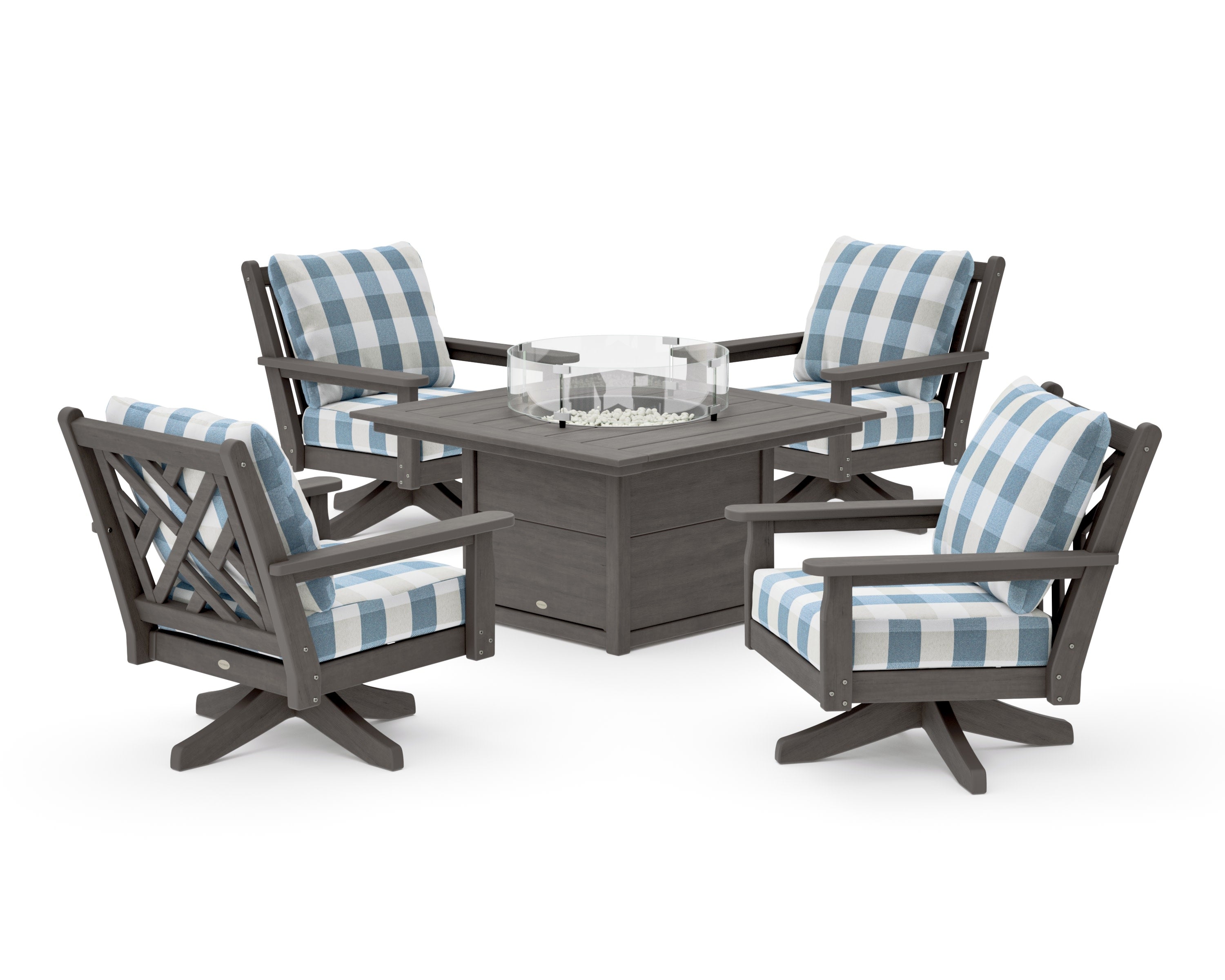 Chippendale 5-Piece Deep Seating Swivel Conversation Set with Fire Pit Table in Driftwood / Buffalo Plaid Sky Blue