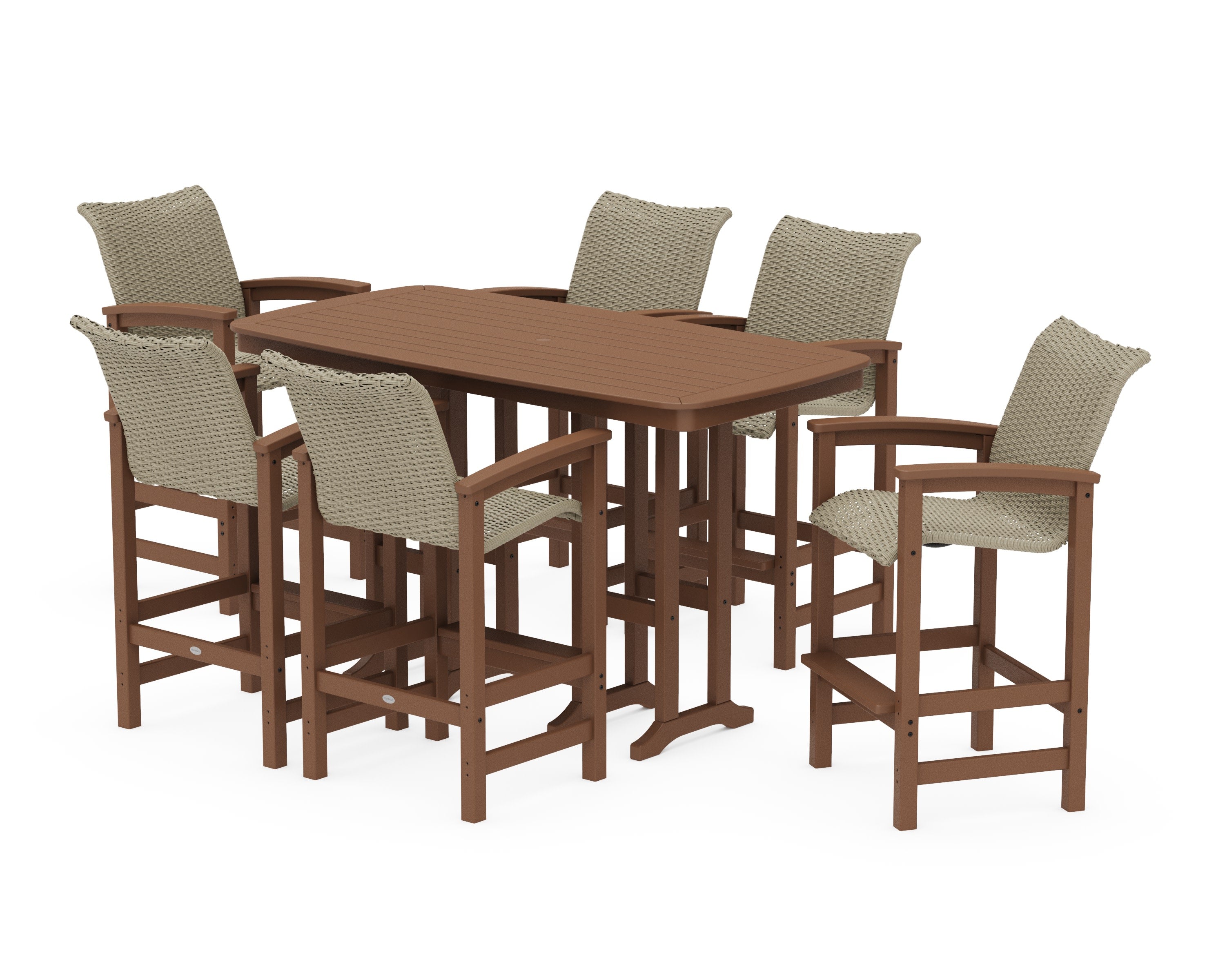 Coastal Woven Arm Chair 7-Piece Bar Set in Teak / Dune Grass