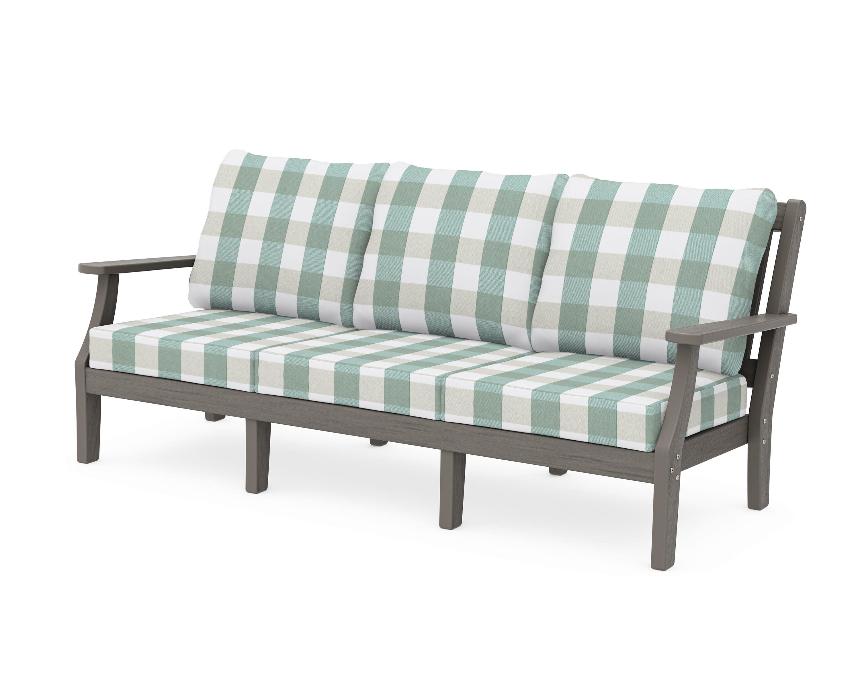 Chinoiserie Deep Seating Sofa in Driftwood / Buffalo Plaid Glacier Spa