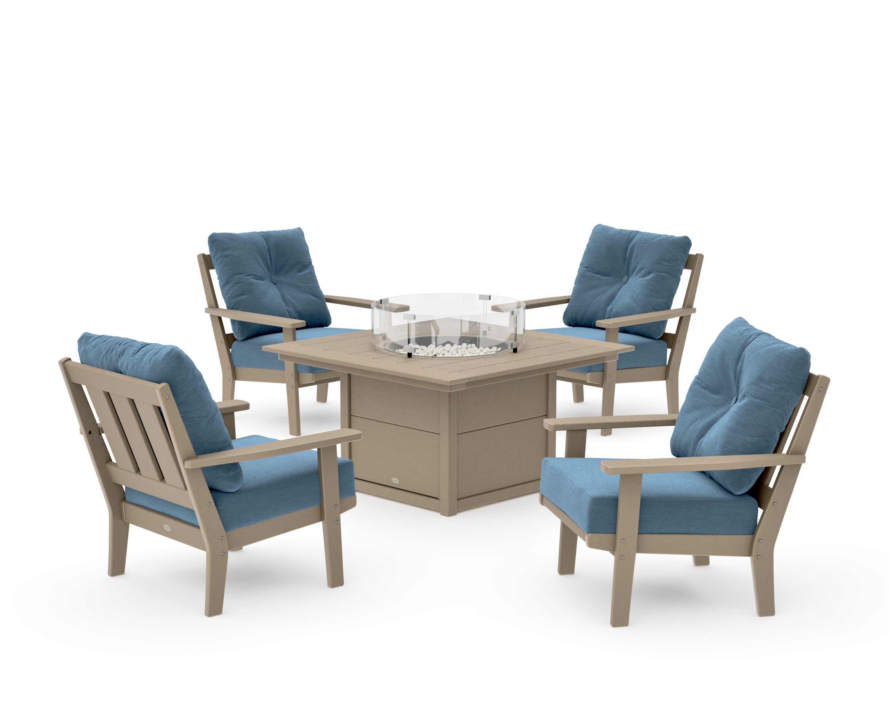 Oxford 5-Piece Deep Seating Set with Fire Pit Table in Vintage Sahara / Sky Blue