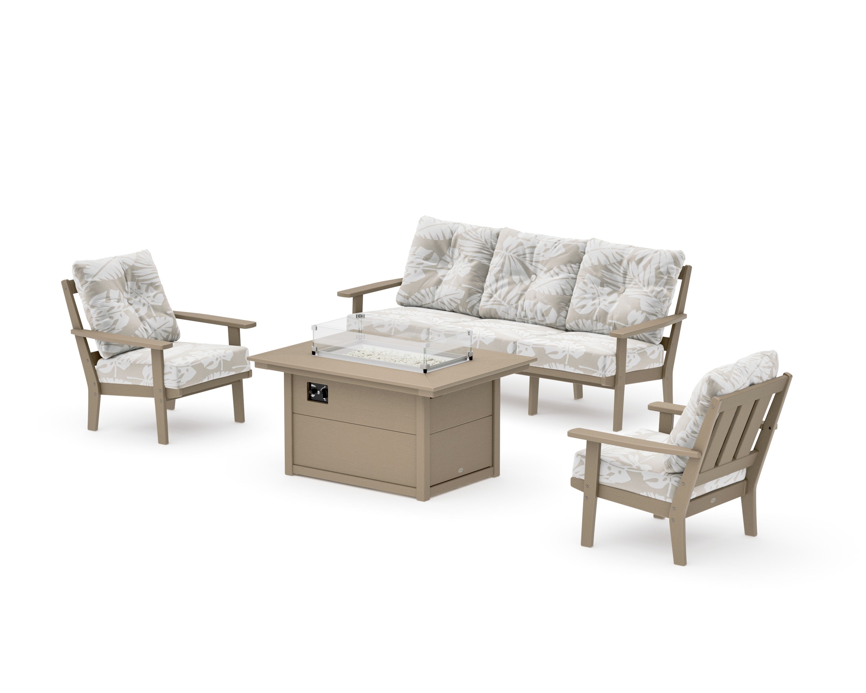 Oxford Deep Seating Fire Pit Table Set in Vintage Sahara / Leaf Dune Burlap
