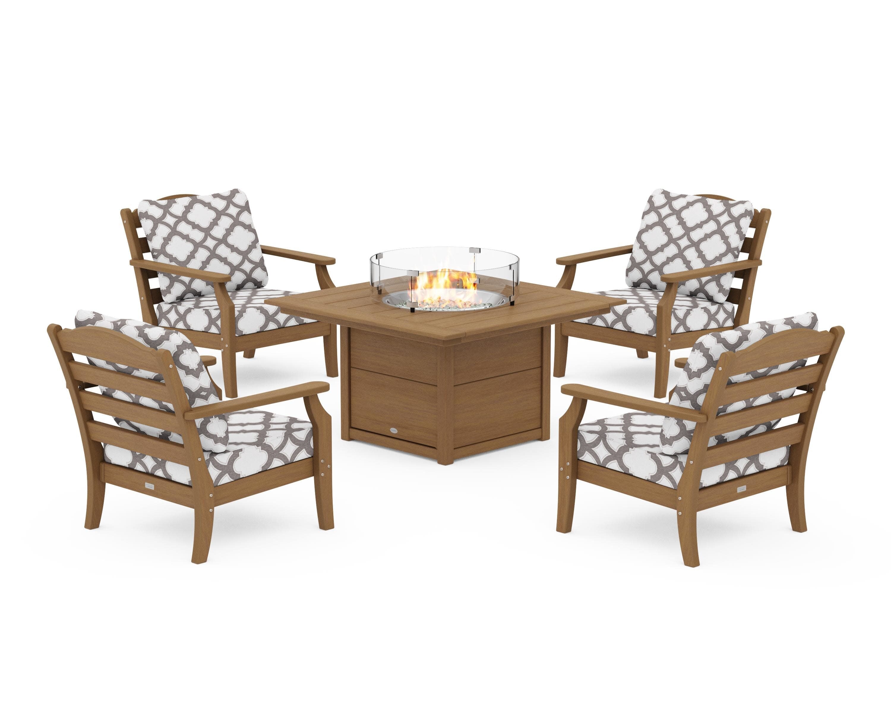 Savannah 5-Piece Deep Seating Set with Fire Pit Table in Natural / Trellis Grey Mist