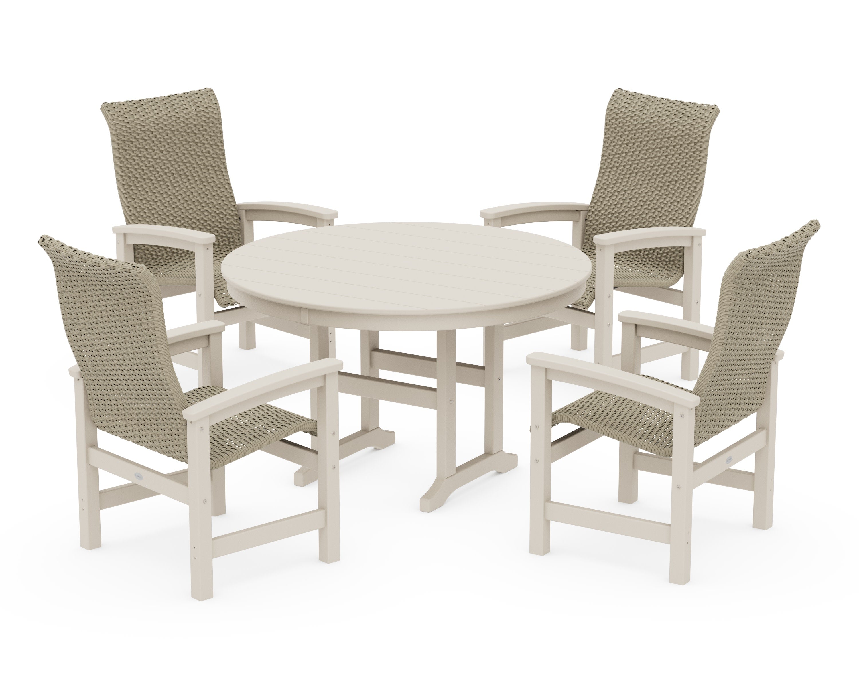 Coastal Woven High-Back 5-Piece Round Farmhouse Dining Set in Sand / Dune Grass