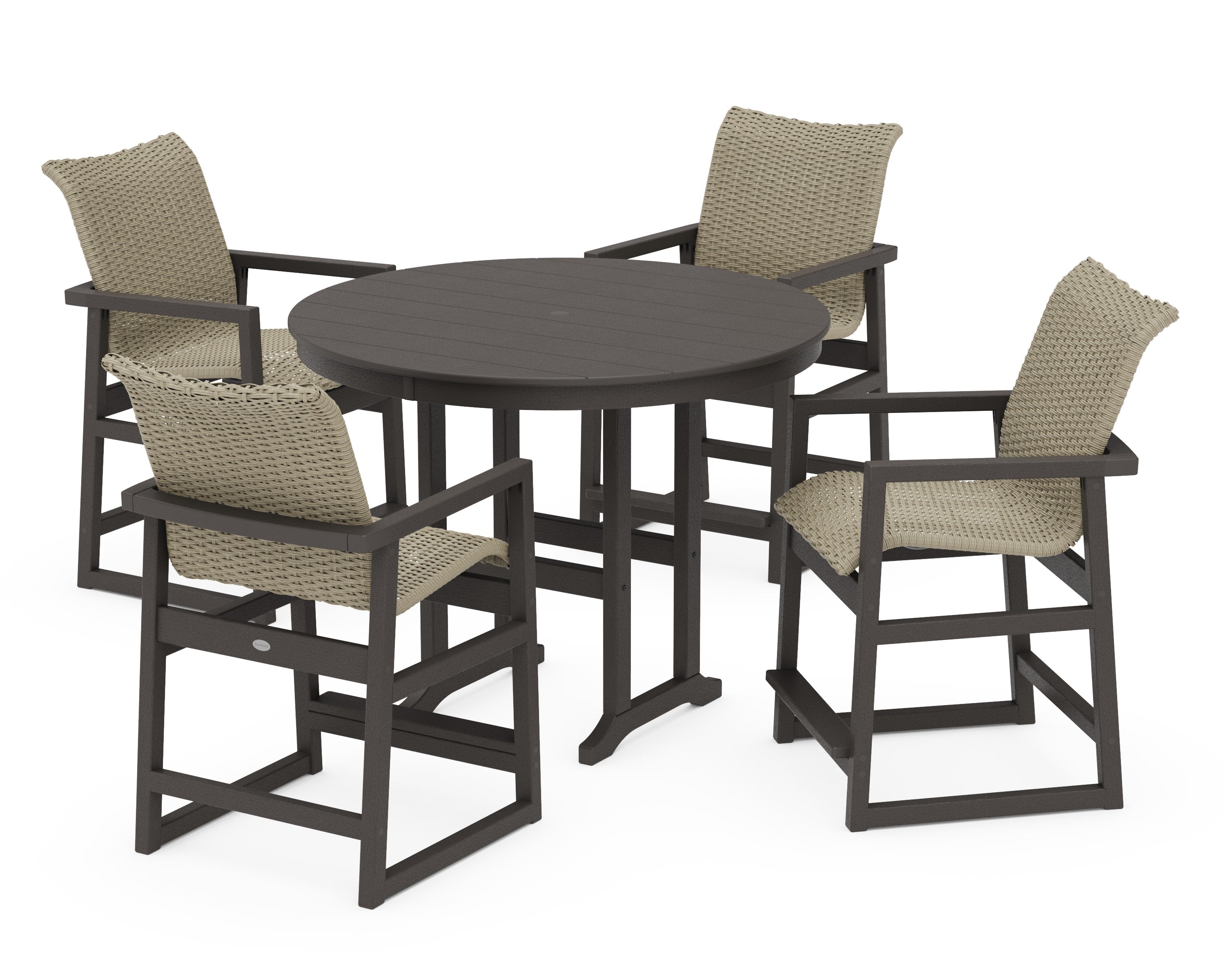 EDGE Woven 5-Piece Round Farmhouse Counter Set in Vintage Coffee / Dune Grass