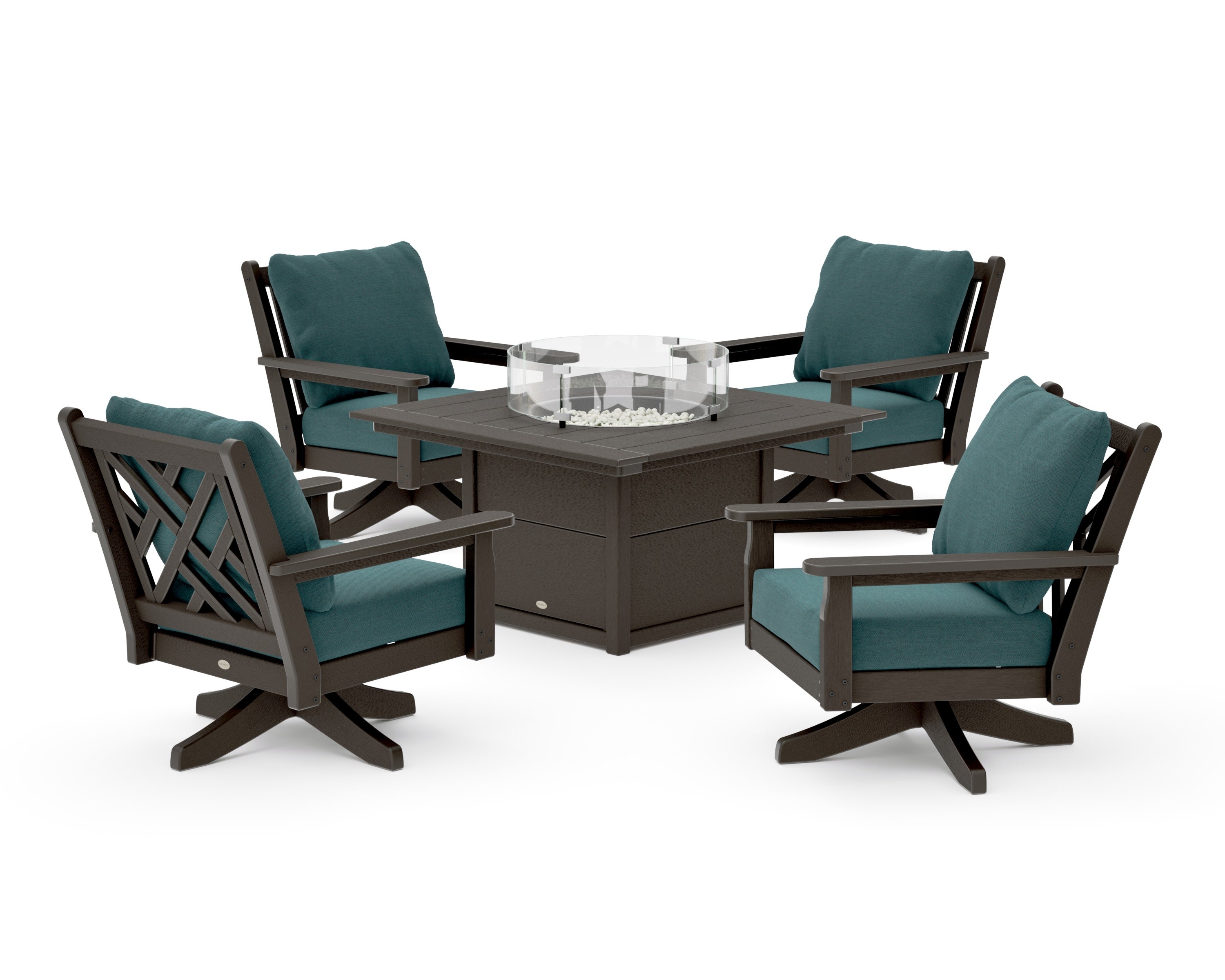 Chippendale 5-Piece Deep Seating Swivel Conversation Set with Fire Pit Table in Vintage Coffee / Ocean Teal