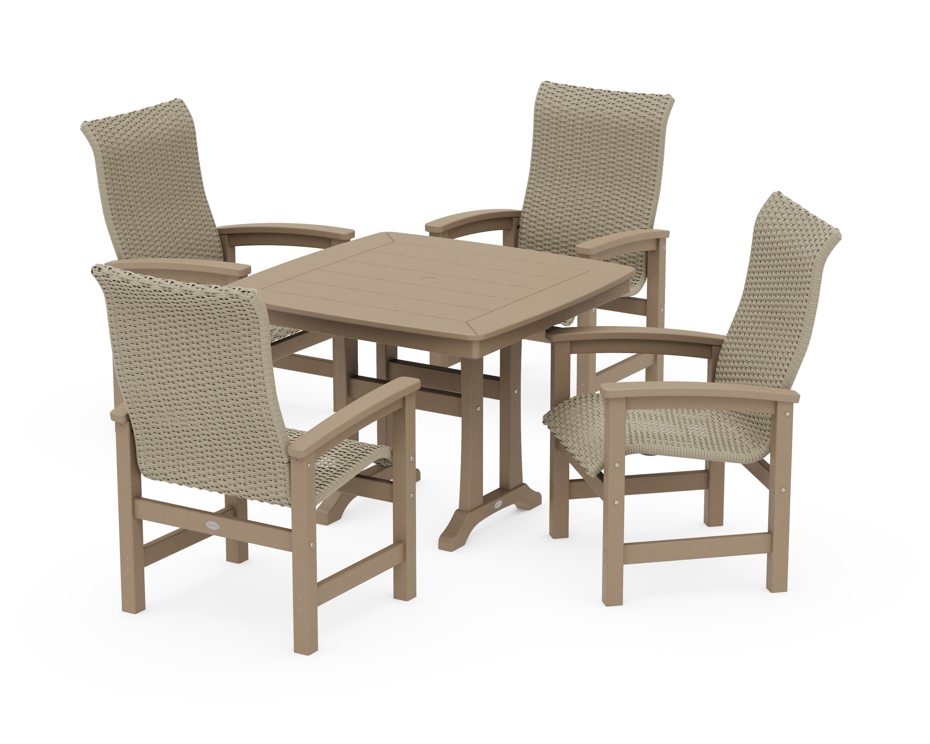 Coastal Woven High-Back 5-Piece Dining Set with Trestle Legs in Vintage Sahara / Dune Grass