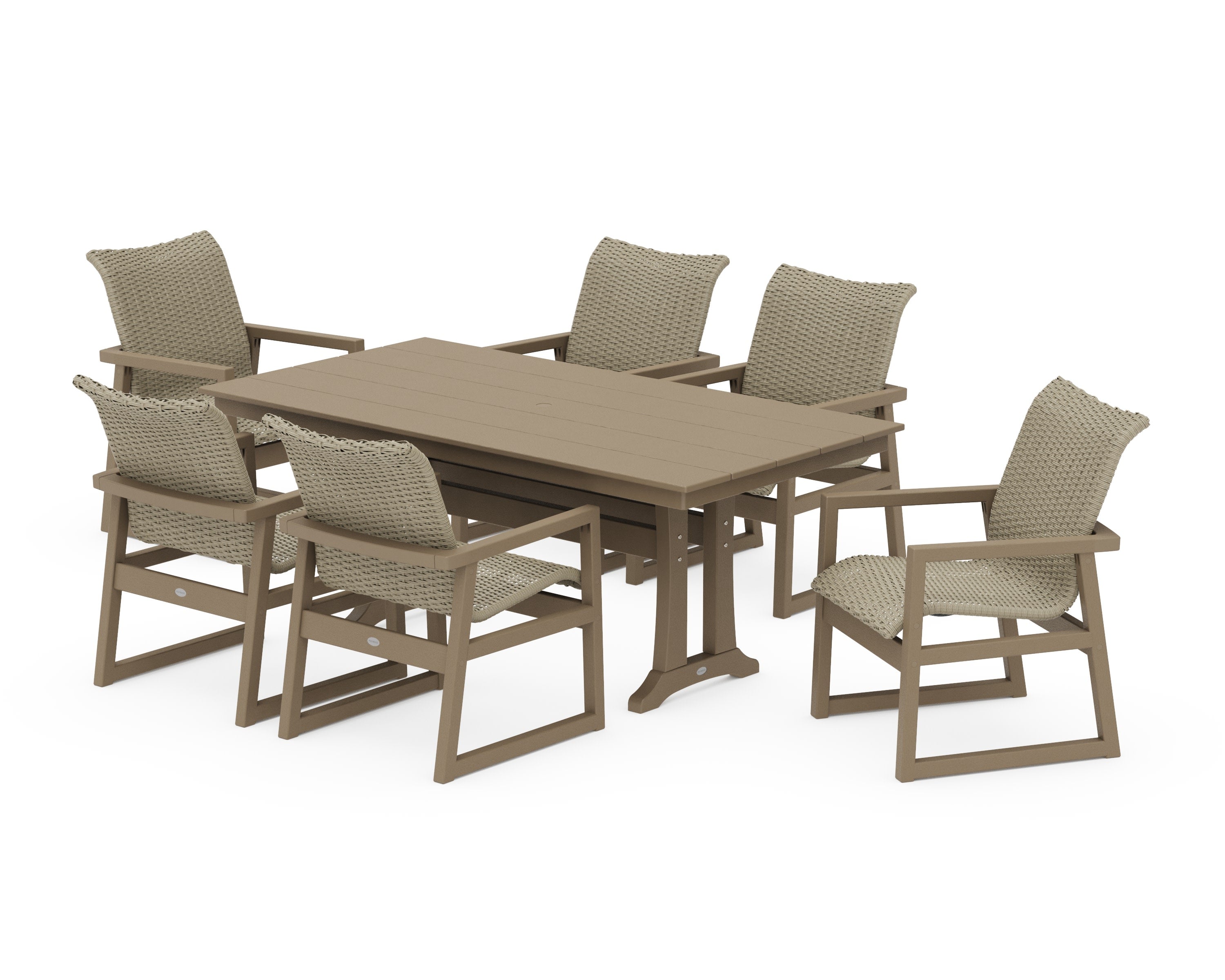 EDGE Woven Arm Chair 7-Piece Farmhouse Dining Set with Trestle Legs in Vintage Sahara / Dune Grass