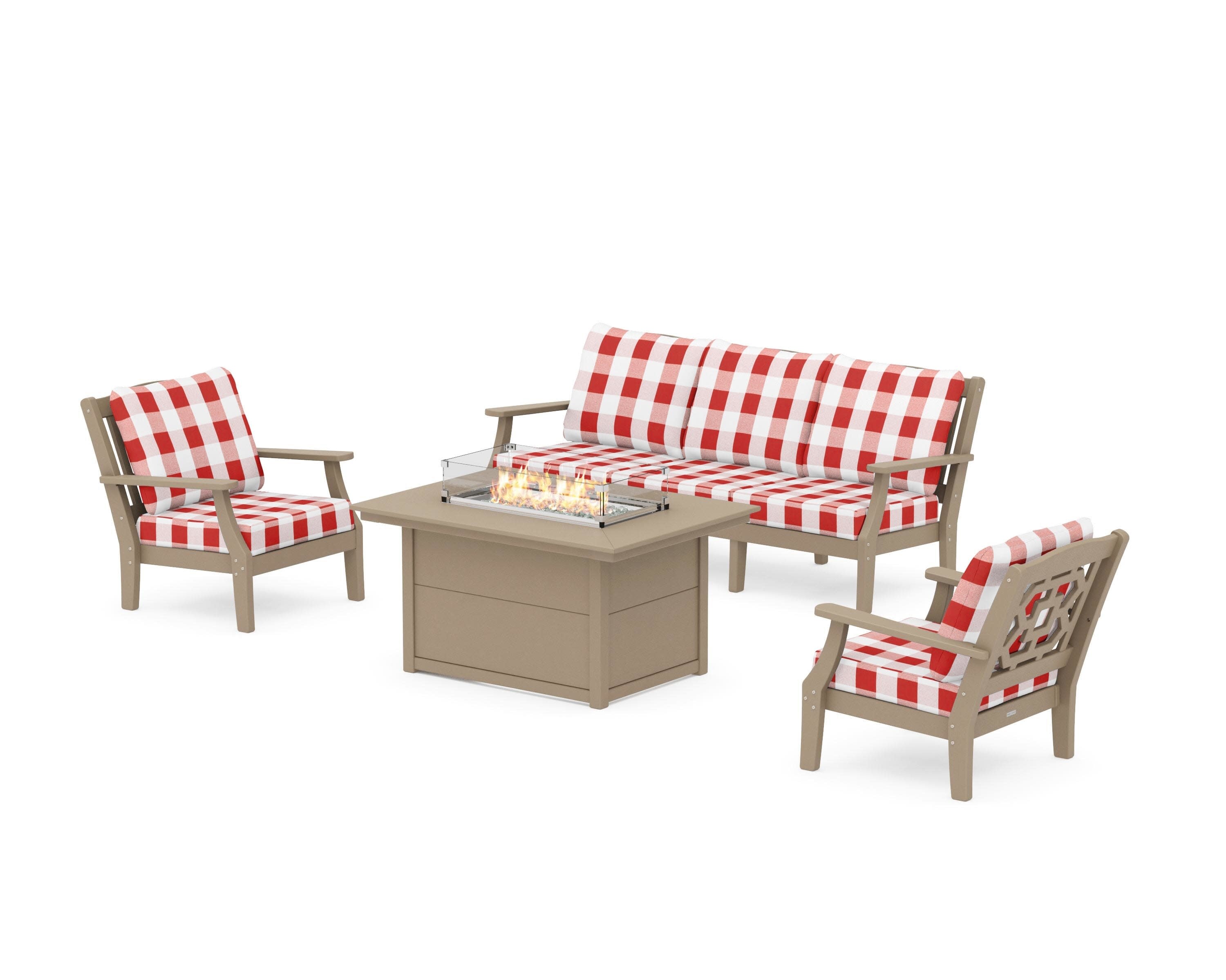 Chinoiserie Deep Seating Fire Pit Table Set in Vintage Sahara / Buffalo Plaid Crimson