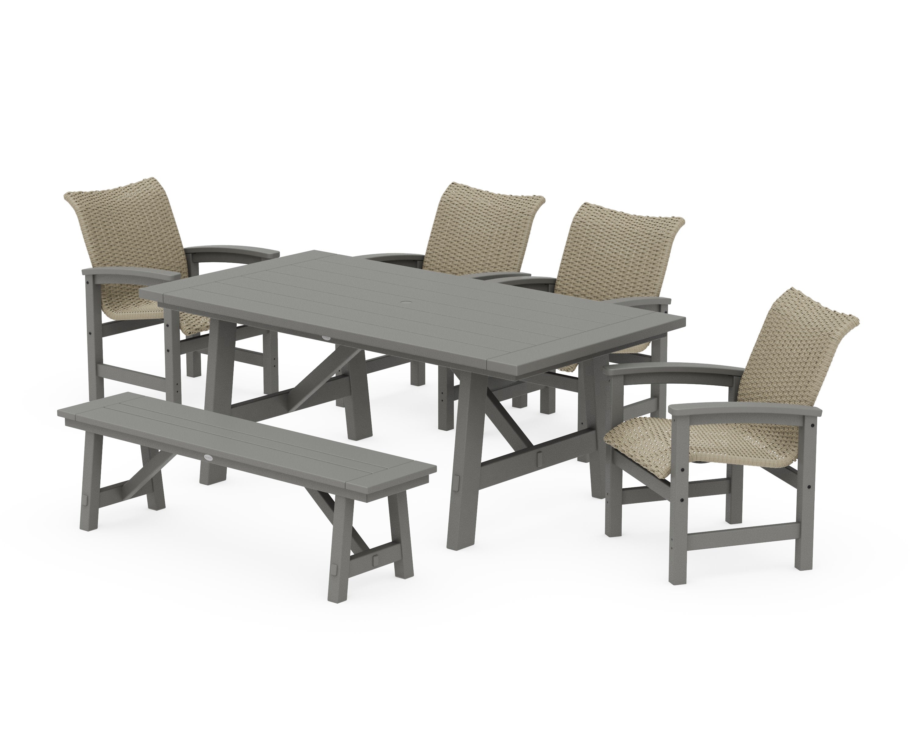 Coastal Woven 6-Piece Rustic Farmhouse Dining Set with Bench in Slate Grey / Dune Grass