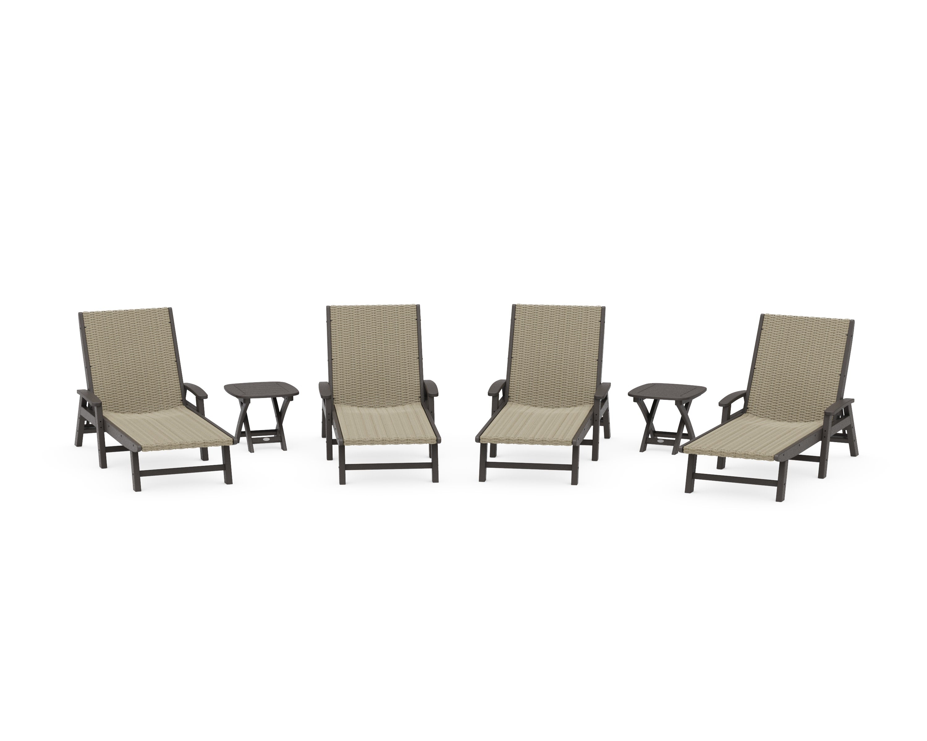 6- Piece Coastal Woven Chaise with Arms Chaise Lounge Set in Vintage Coffee / Dune Grass