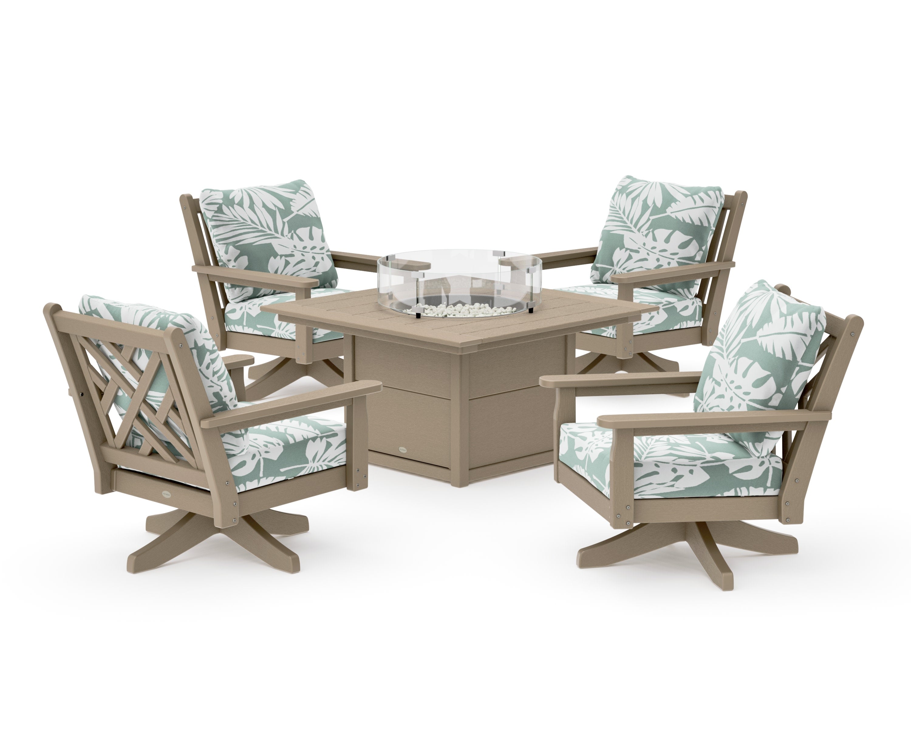 Chippendale 5-Piece Deep Seating Swivel Conversation Set with Fire Pit Table in Vintage Sahara / Leaf Glacier Spa