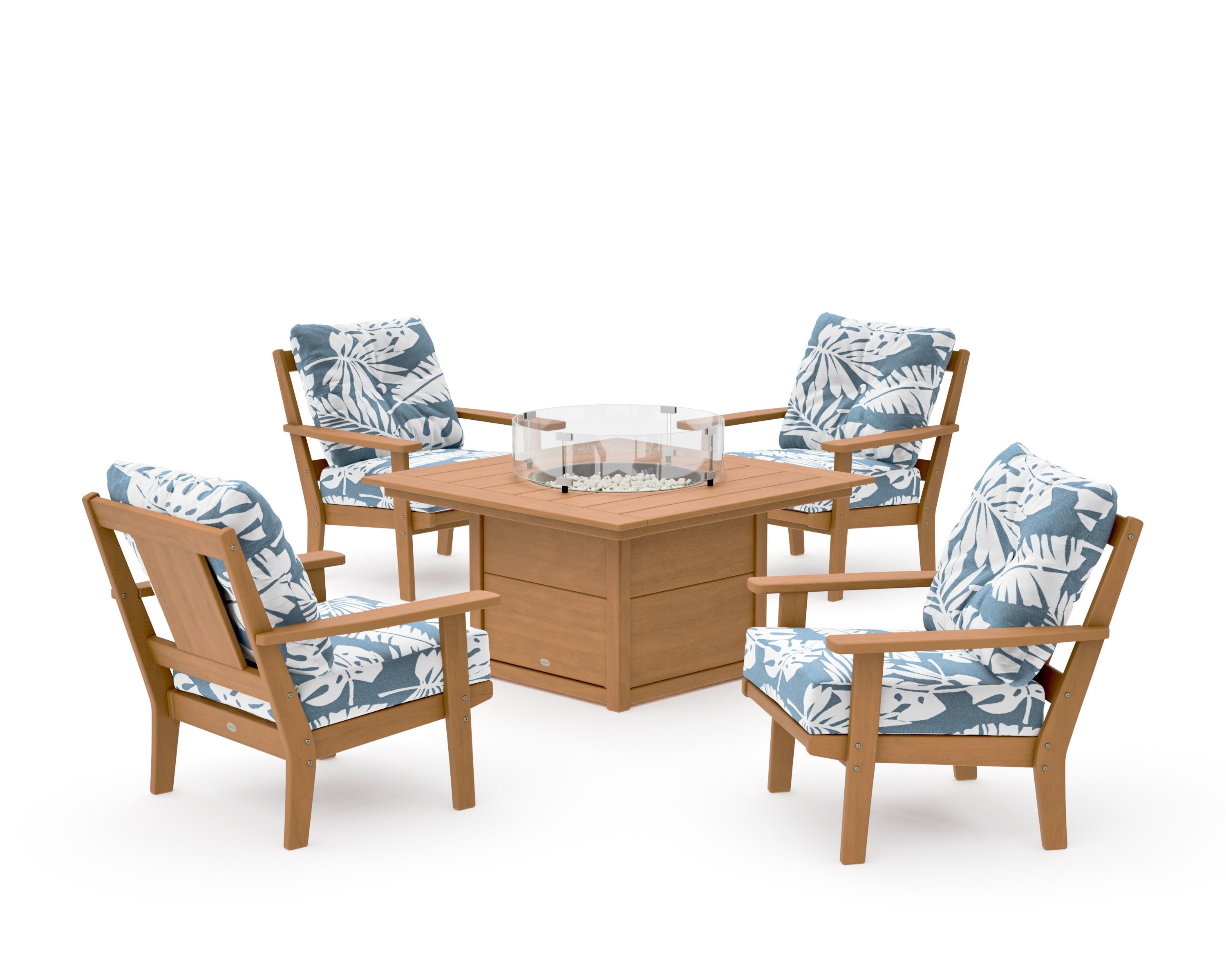 Prairie 5-Piece Deep Seating Set with Fire Pit Table in Natural / Leaf Sky Blue