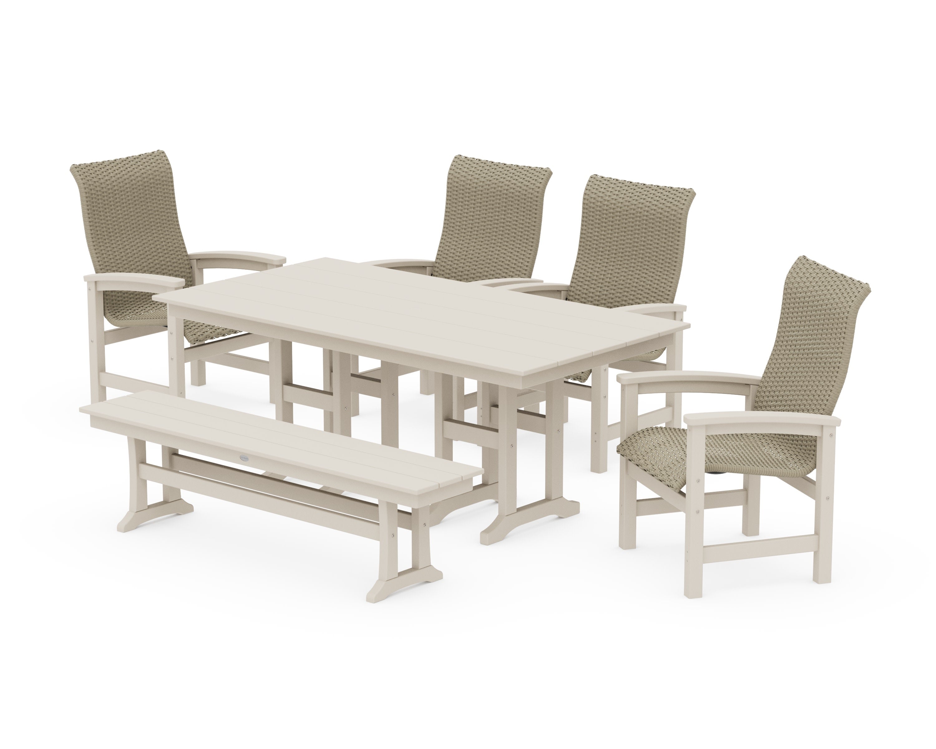 Coastal Woven High-Back 6-Piece Farmhouse Dining Set with Bench in Sand / Dune Grass