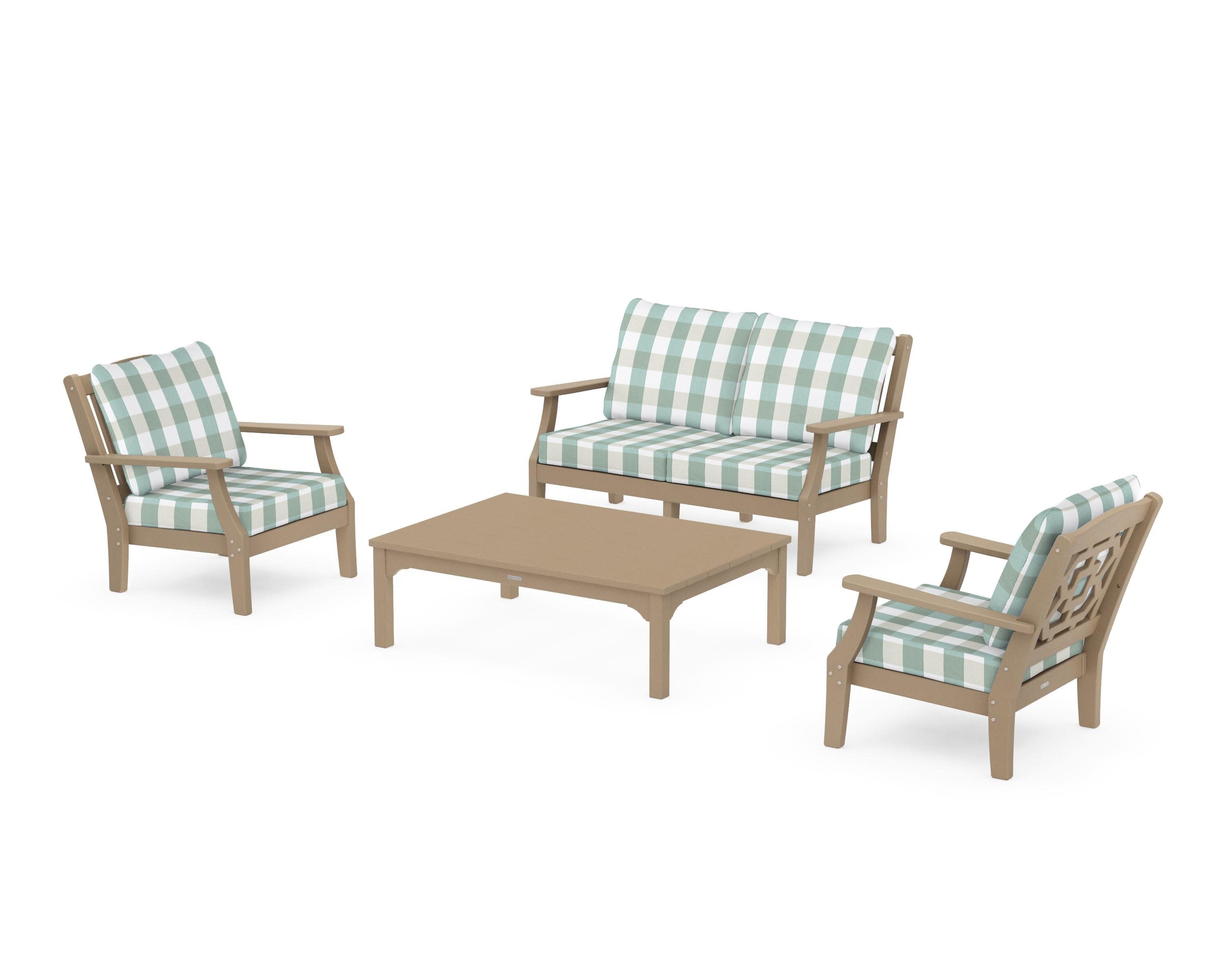 Chinoiserie 4-Piece Deep Seating Set with Loveseat in Vintage Sahara / Buffalo Plaid Glacier Spa