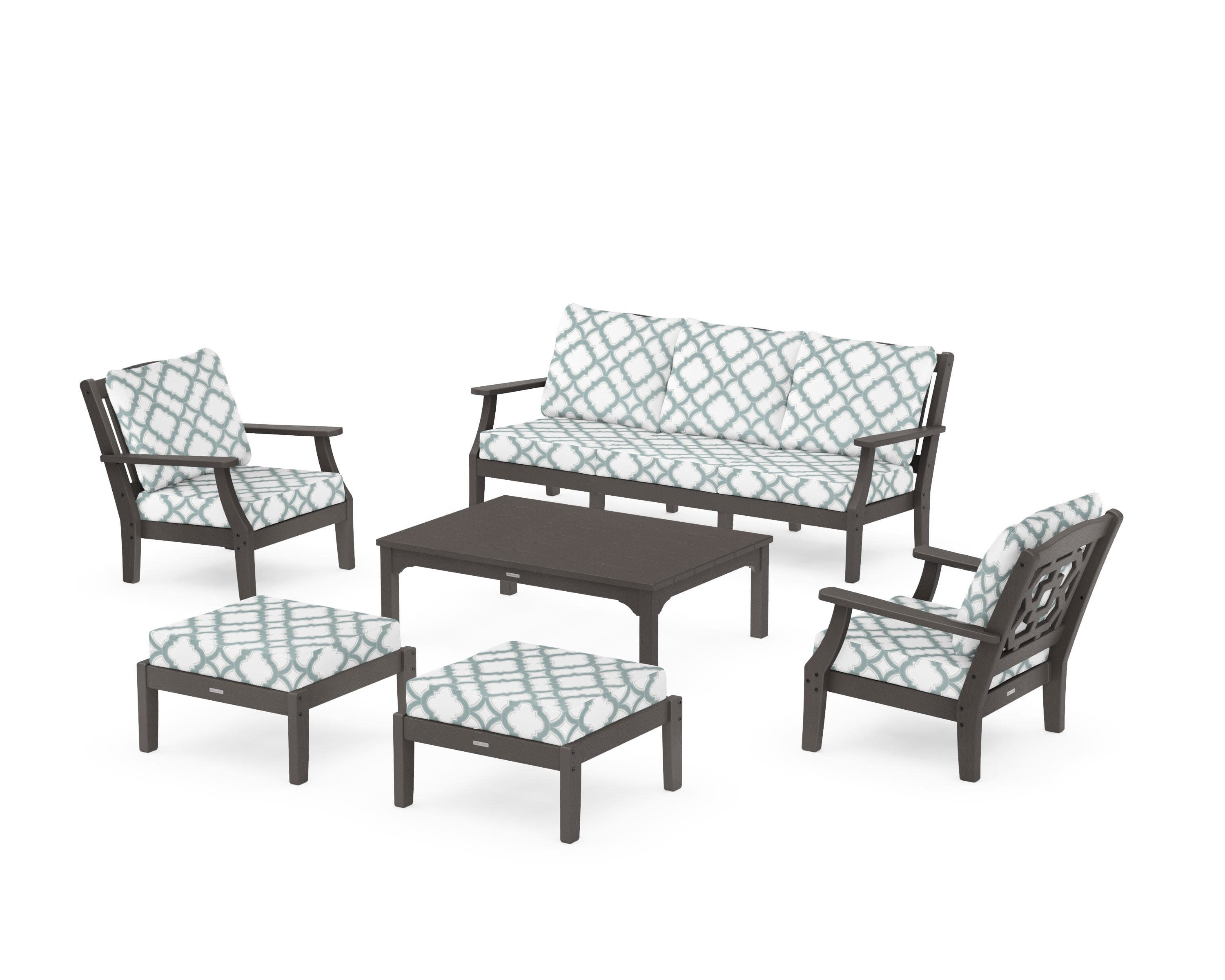 Chinoiserie 6-Piece Lounge Sofa Set in Vintage Coffee / Trellis Glacier Spa