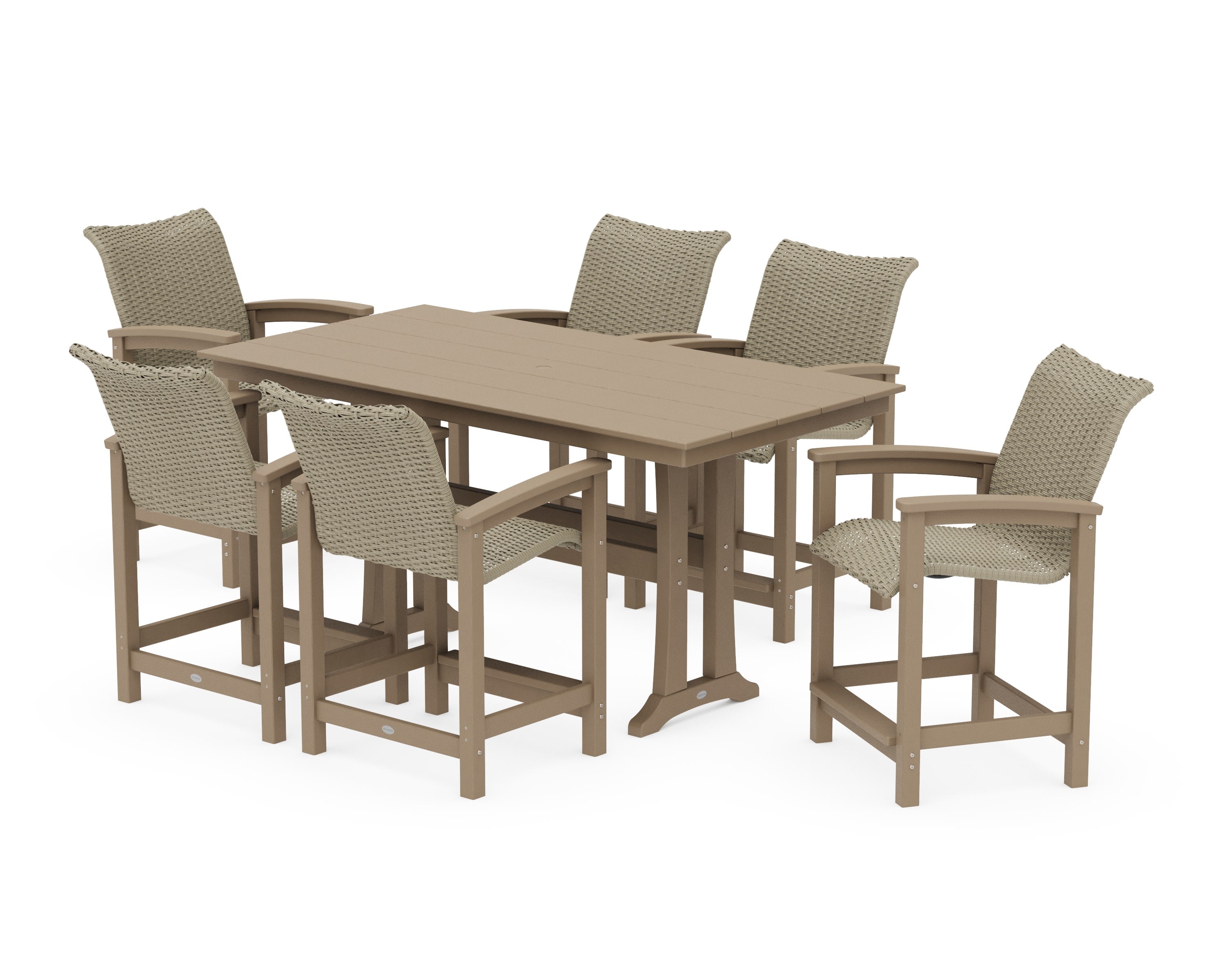 Coastal Woven Arm Chair 7-Piece Farmhouse Counter Set with Trestle Legs in Vintage Sahara / Dune Grass