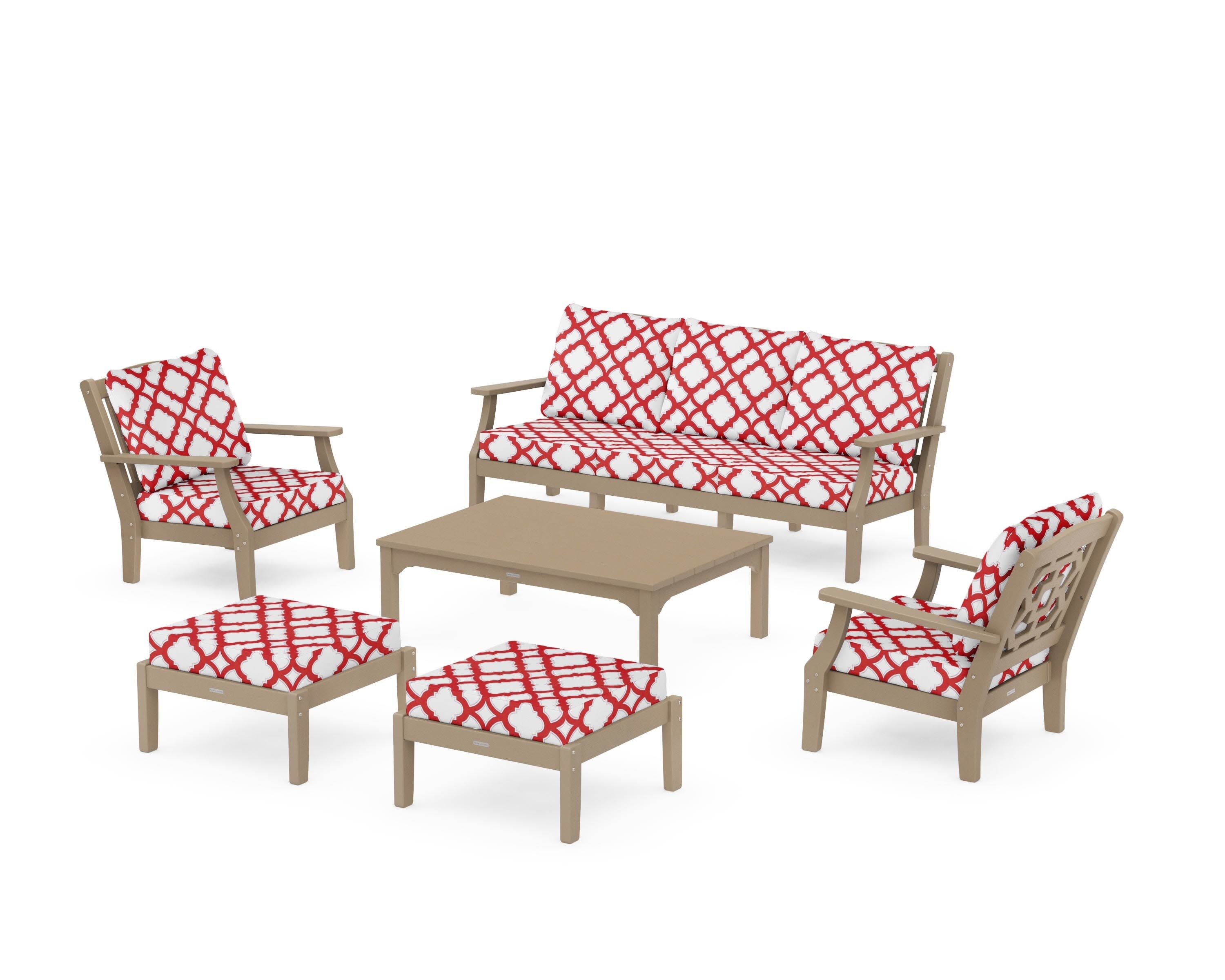 Chinoiserie 6-Piece Lounge Sofa Set in Vintage Sahara / Trellis Crimson