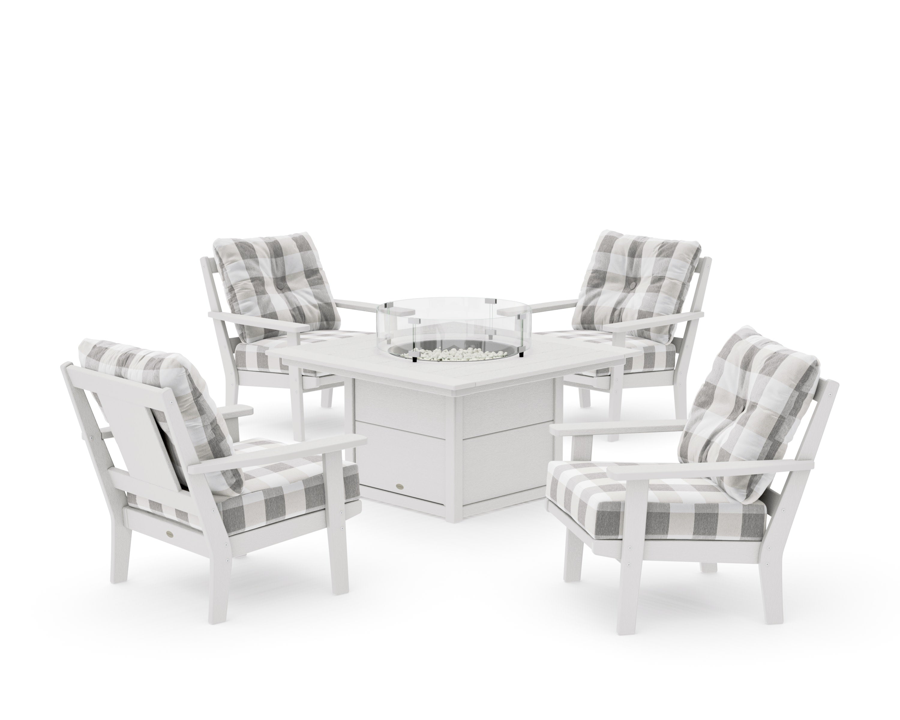 Prairie 5-Piece Deep Seating Set with Fire Pit Table in Vintage White / Buffalo Plaid Grey Mist