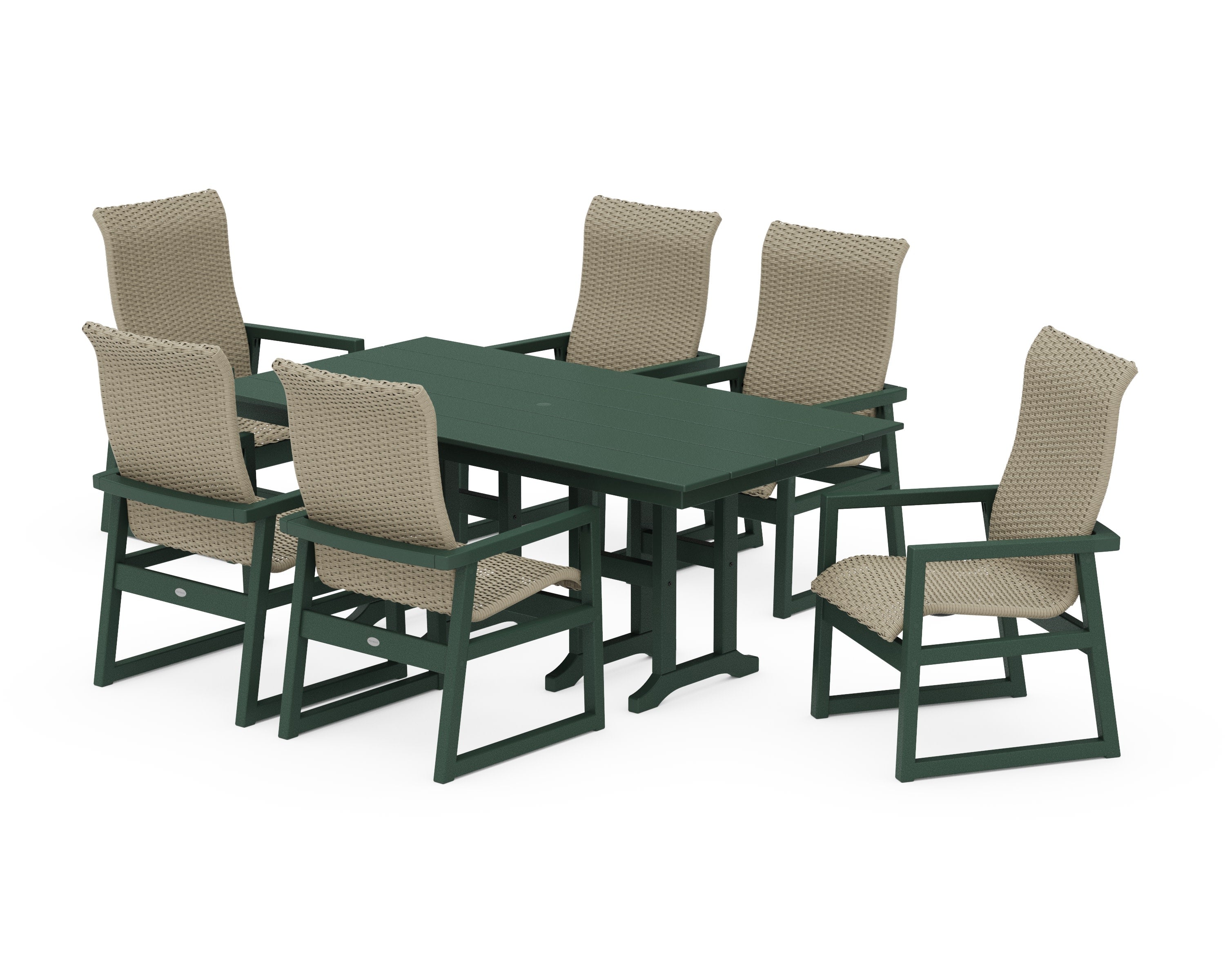 EDGE Woven Highback Arm Chair 7-Piece Farmhouse Dining Set in Green / Dune Grass