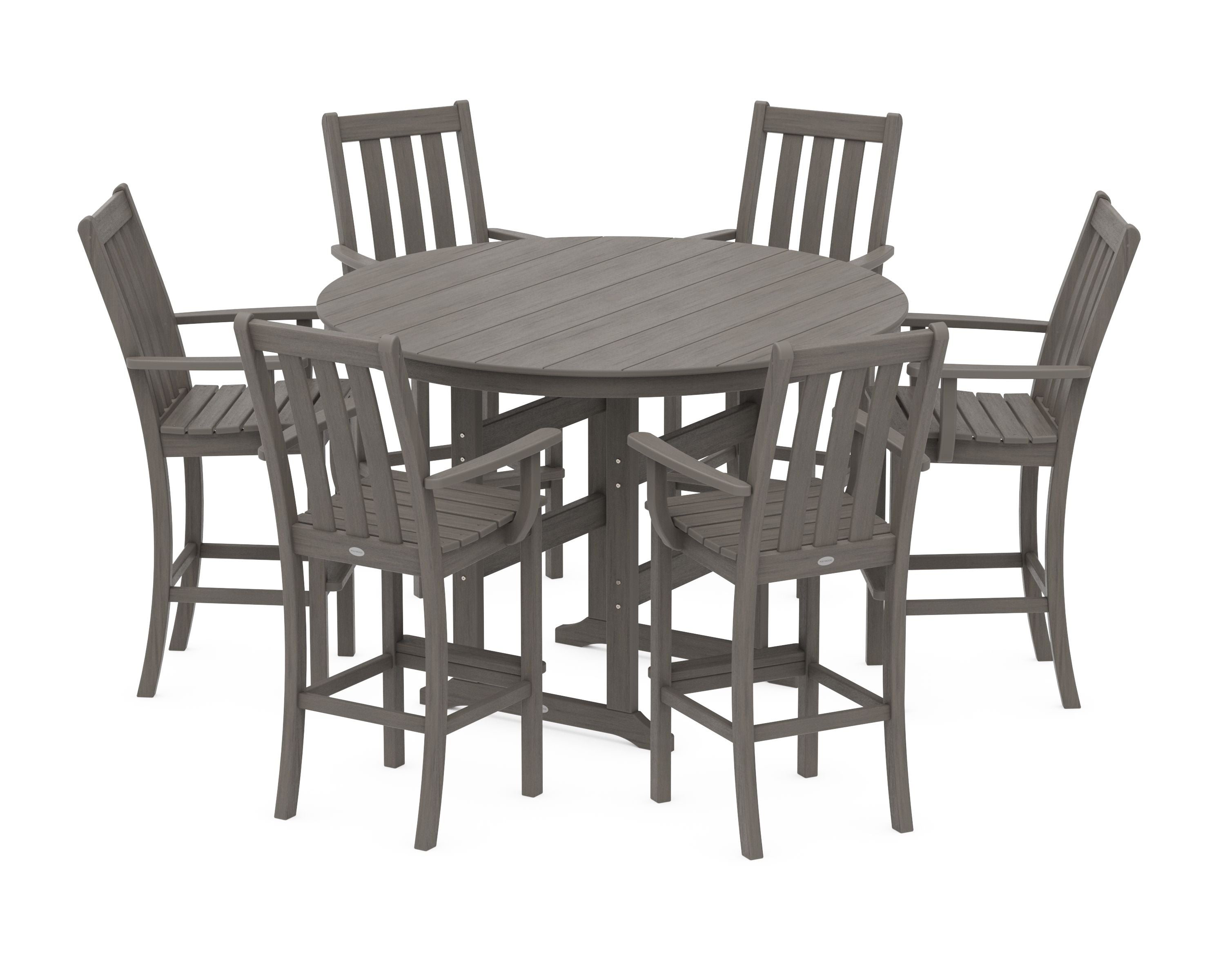 Vineyard 7-Piece Arm Chair Round Farmhouse Bar Set in Driftwood
