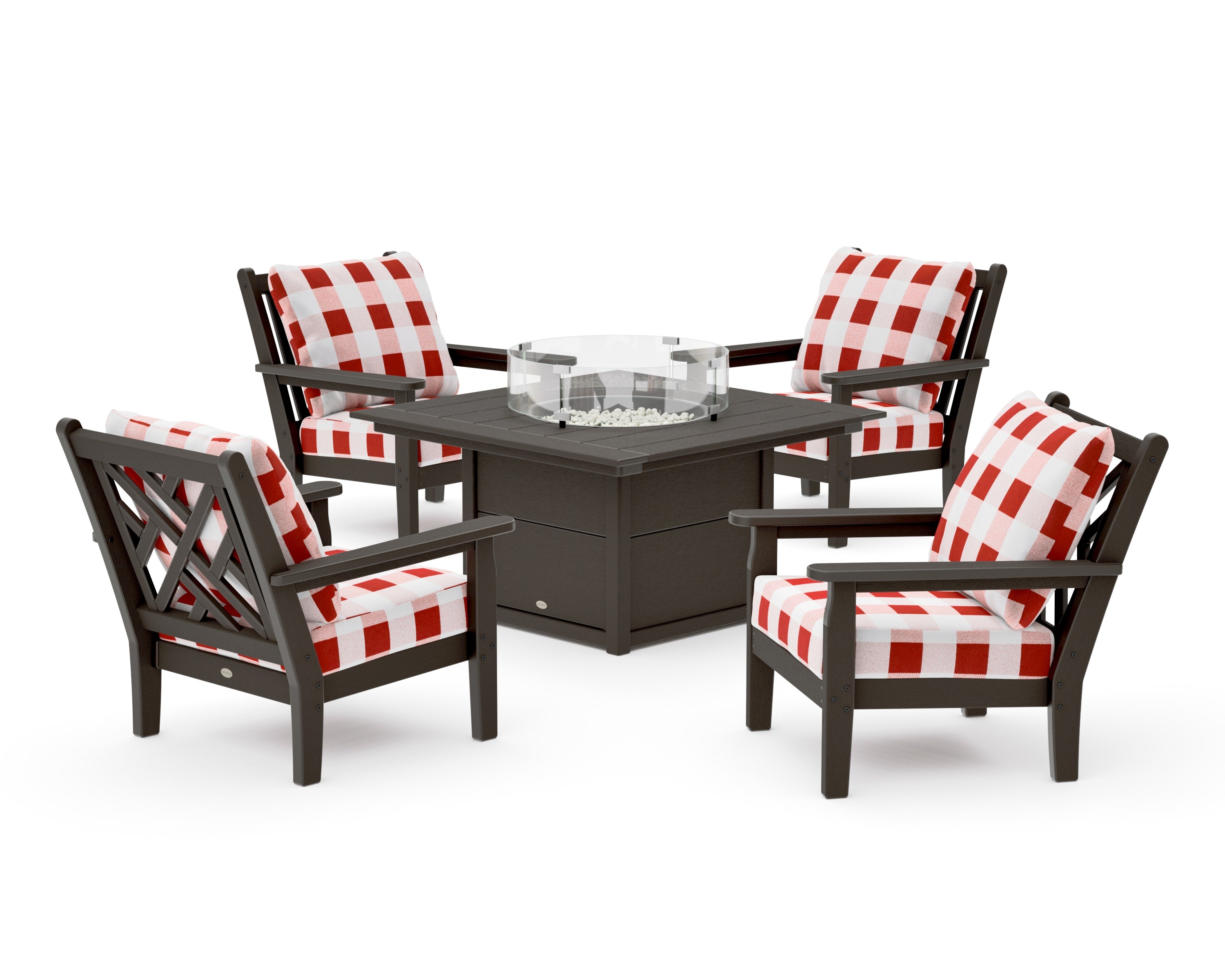 Chippendale 5-Piece Deep Seating Set with Fire Pit Table in Vintage Coffee / Buffalo Plaid Crimson