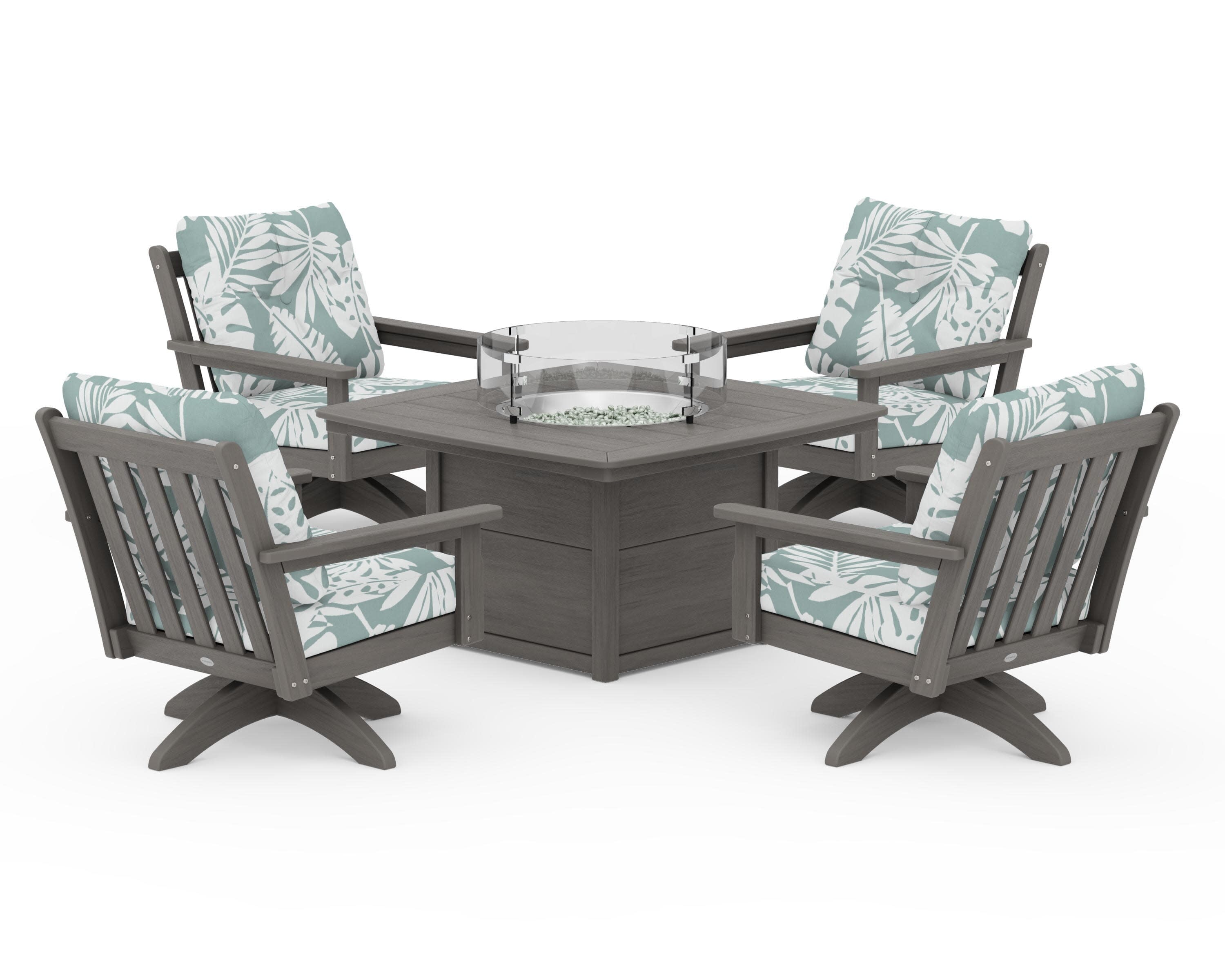 Vineyard 5-Piece Deep Seating Swivel Conversation Set with Fire Pit Table in Driftwood / Leaf Glacier Spa
