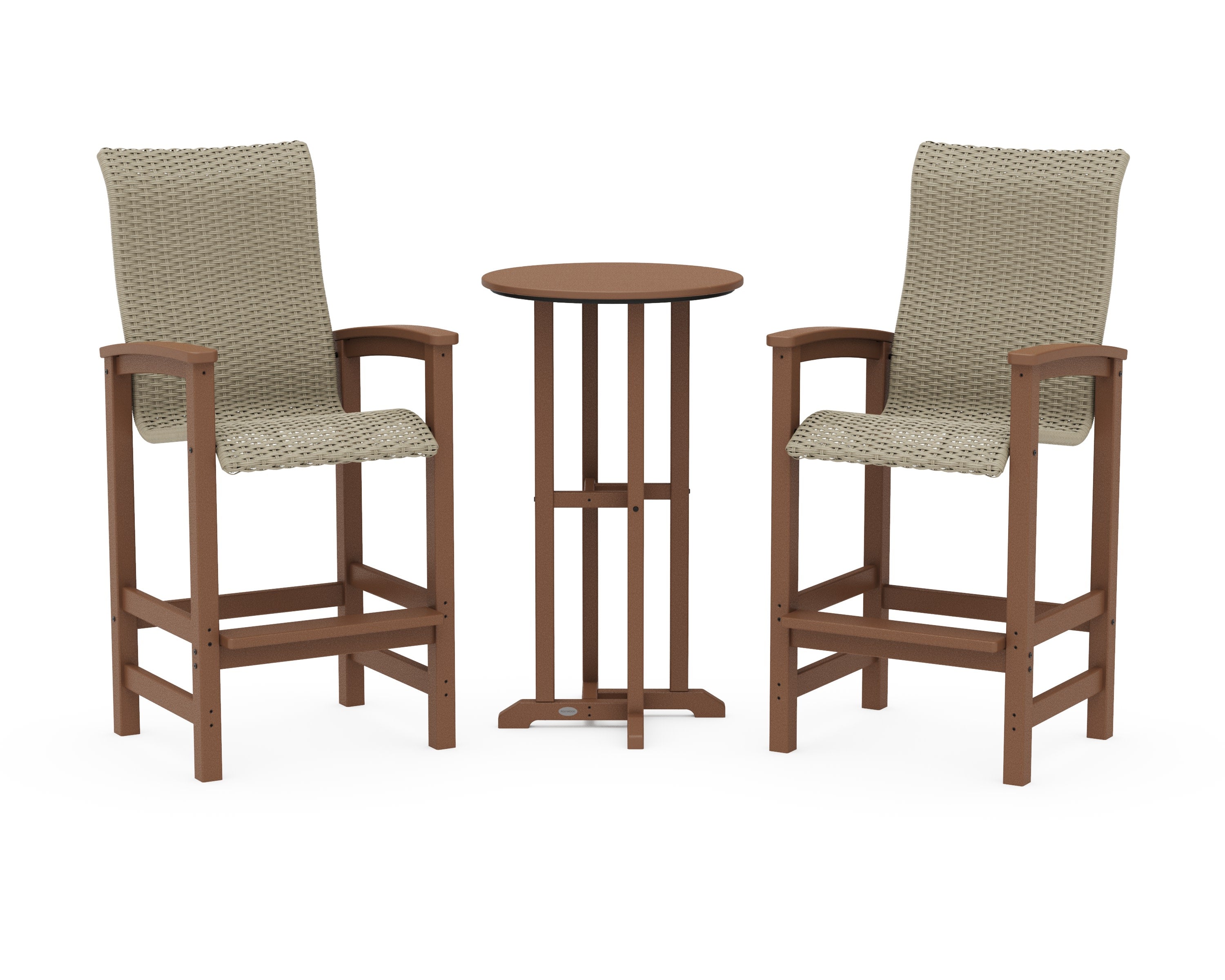 Coastal Woven High-Back 3-Piece Farmhouse Bar Set in Teak / Dune Grass