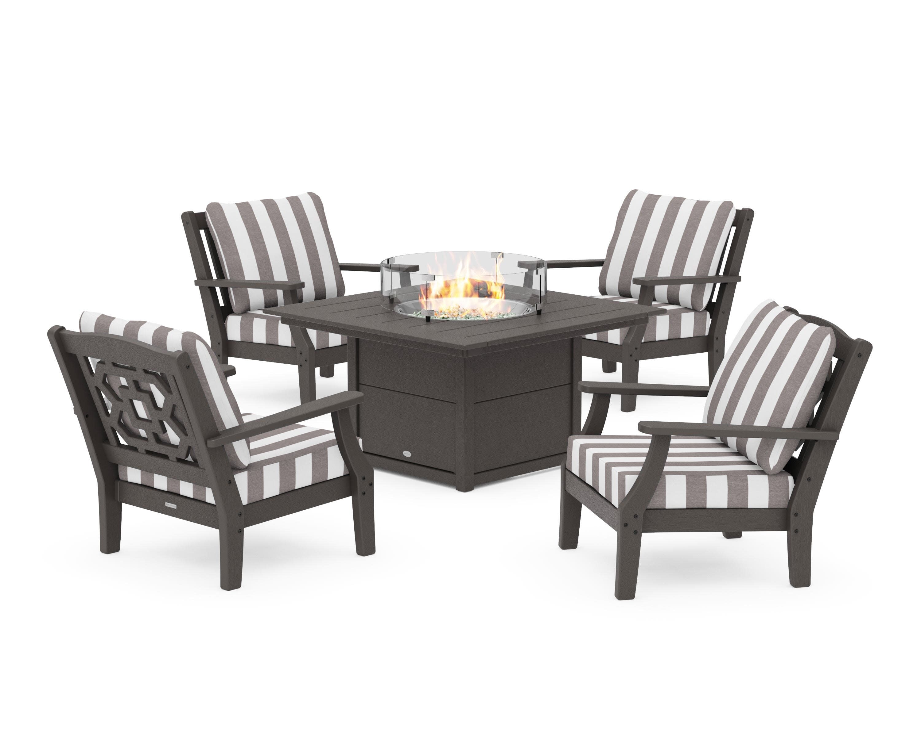 Chinoiserie 5-Piece Deep Seating Set with Fire Pit Table in Vintage Coffee / Cabana Stripe Grey Mist