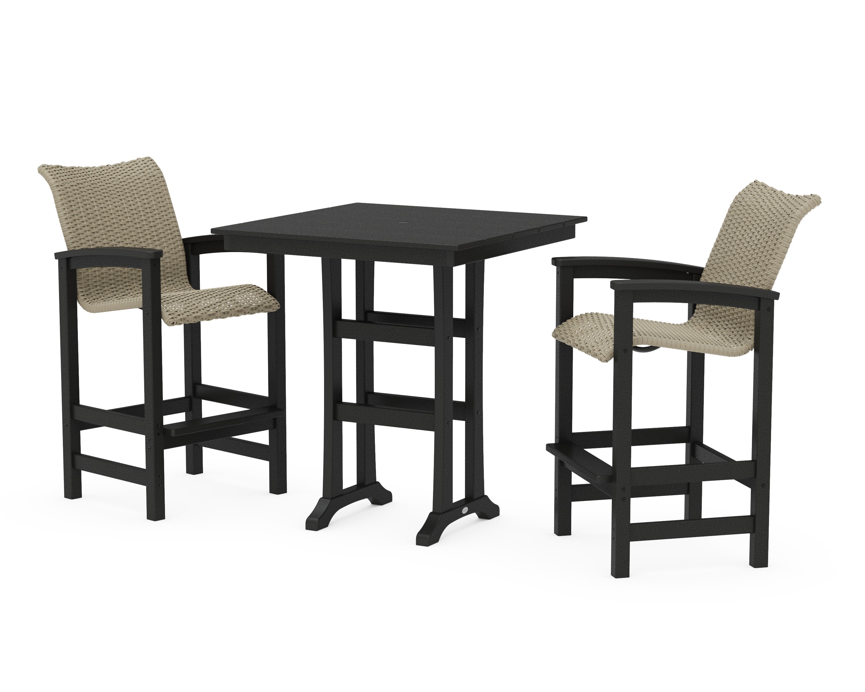 Coastal Woven 3-Piece Farmhouse Bar Set with Trestle Legs in Black / Dune Grass