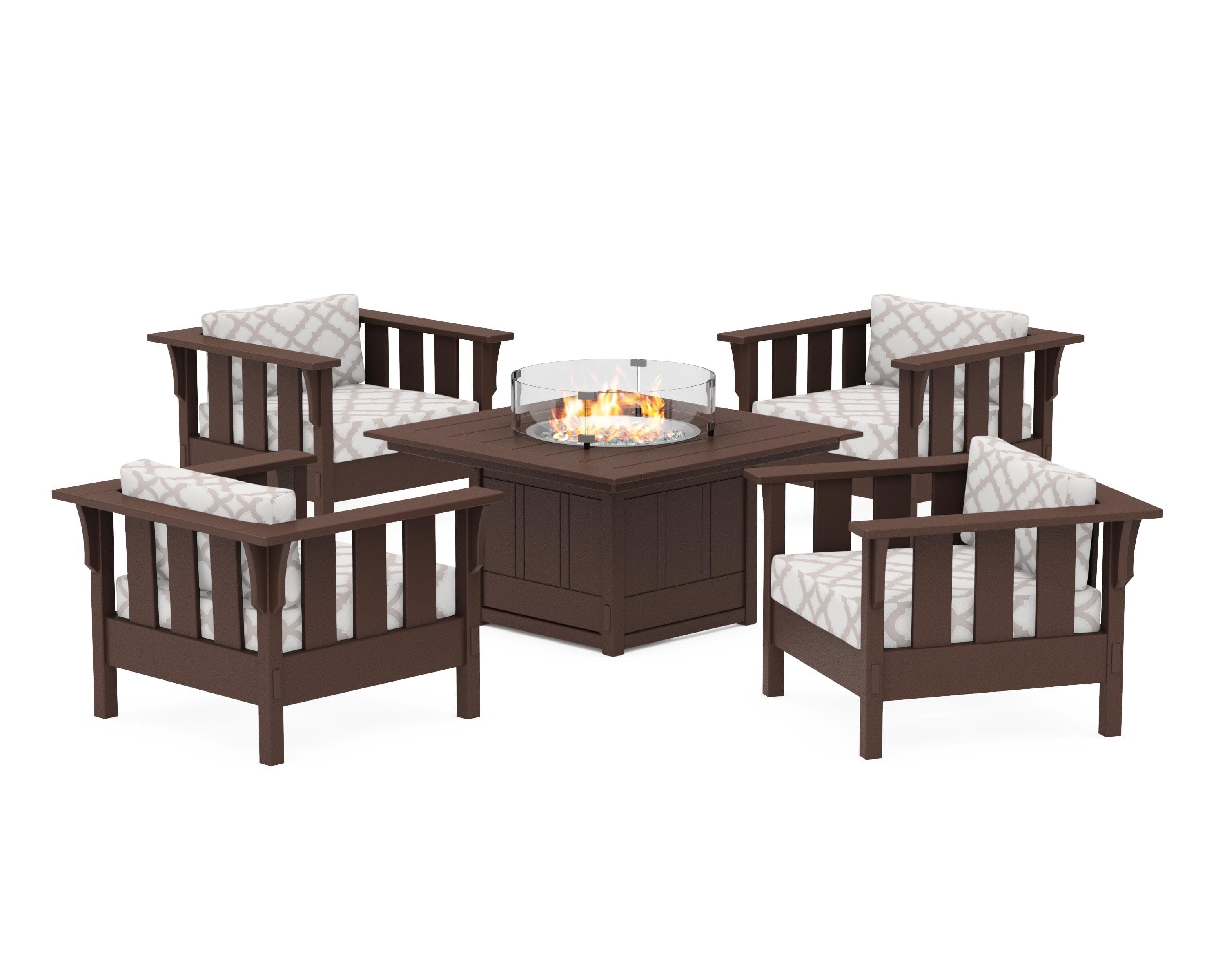 Acadia 5-Piece Deep Seating Set with Fire Pit Table in Mahogany / Trellis Dune Burlap