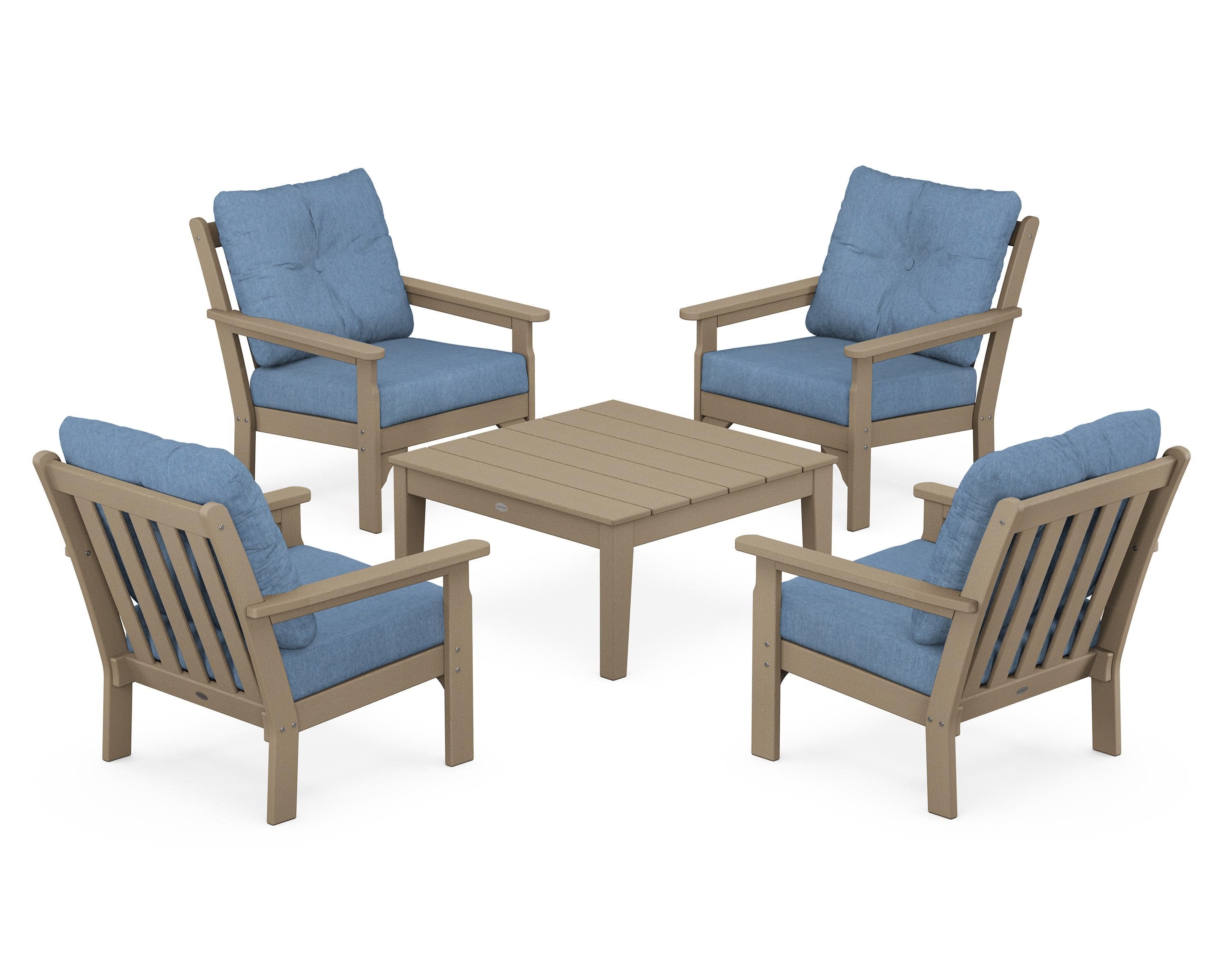 Vineyard 5-Piece Deep Seating Conversation Set in Vintage Sahara / Sky Blue