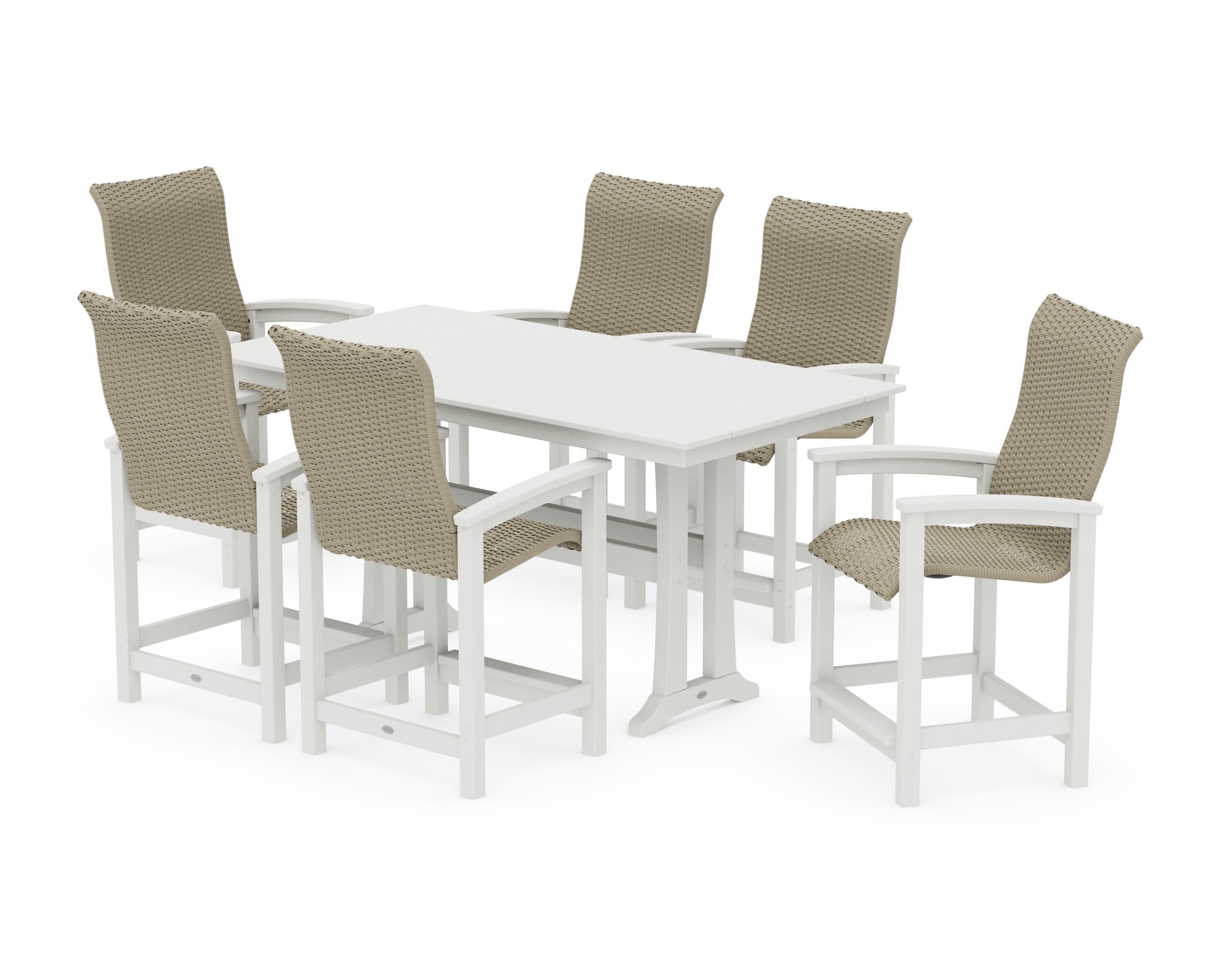 Coastal Woven High-Back Arm Chair 7-Piece Farmhouse Counter Set with Trestle Legs in White / Dune Grass