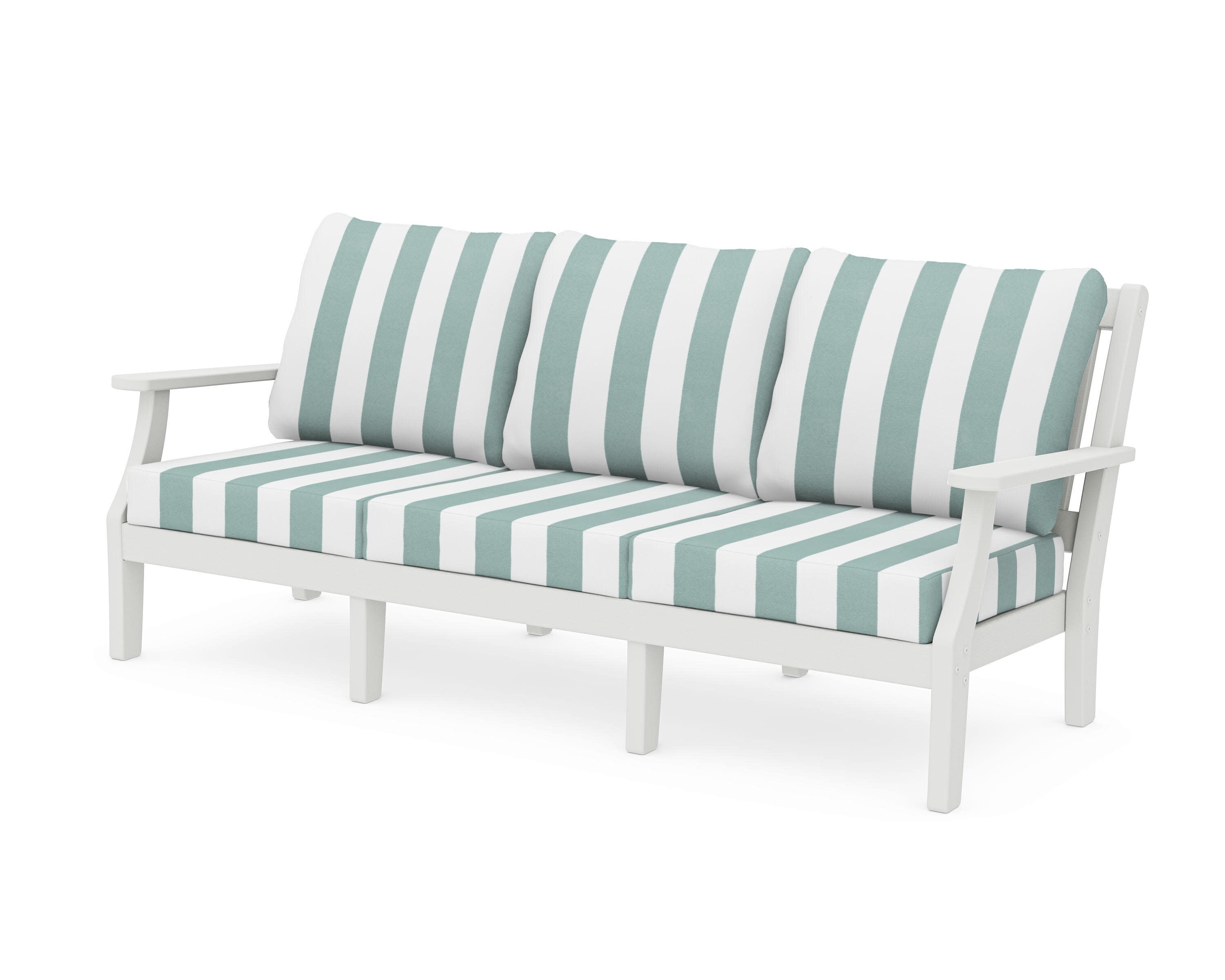 Chinoiserie Deep Seating Sofa in Vintage White / Cabana Stripe Glacier Spa