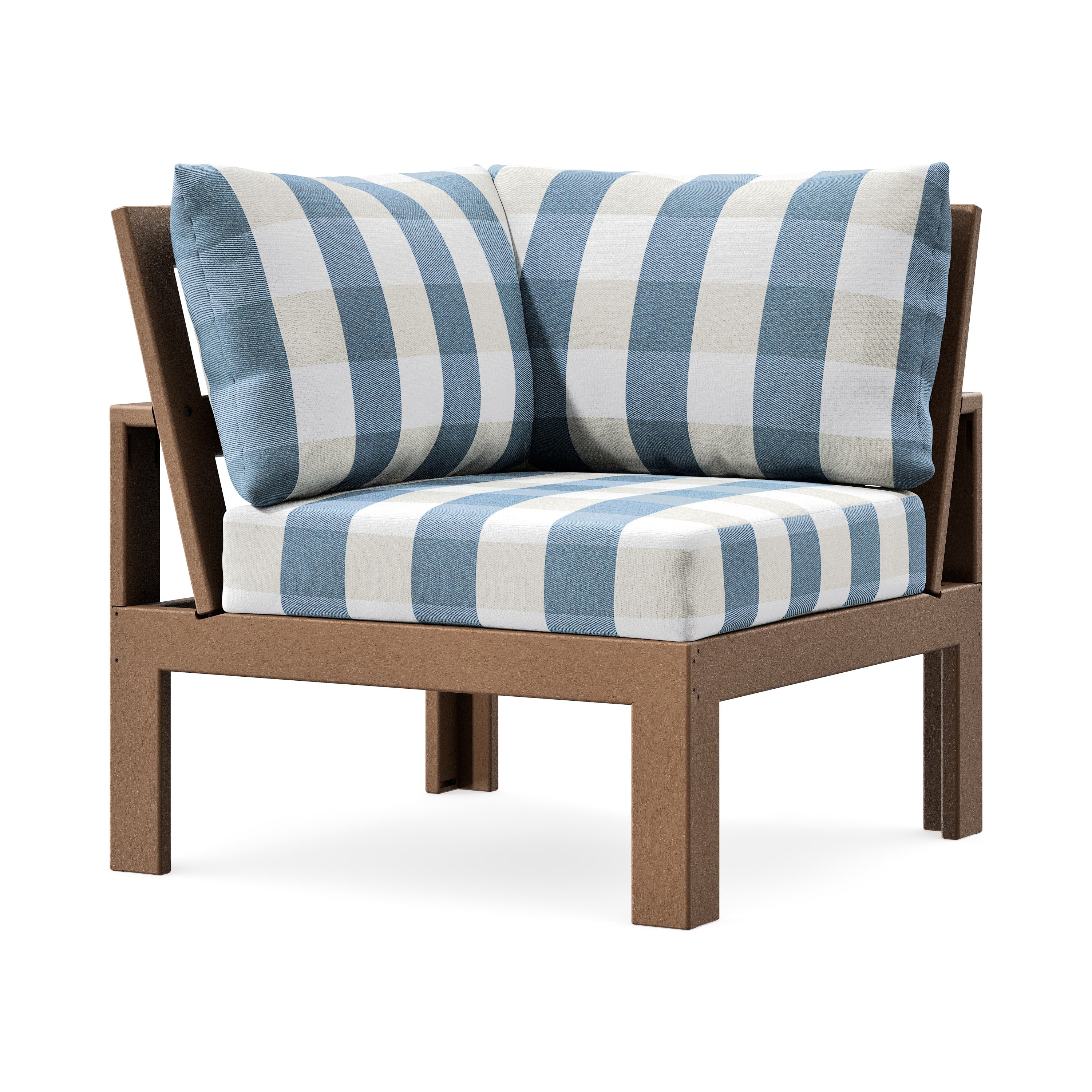 Modular Corner Chair in Teak / Buffalo Plaid Sky Blue
