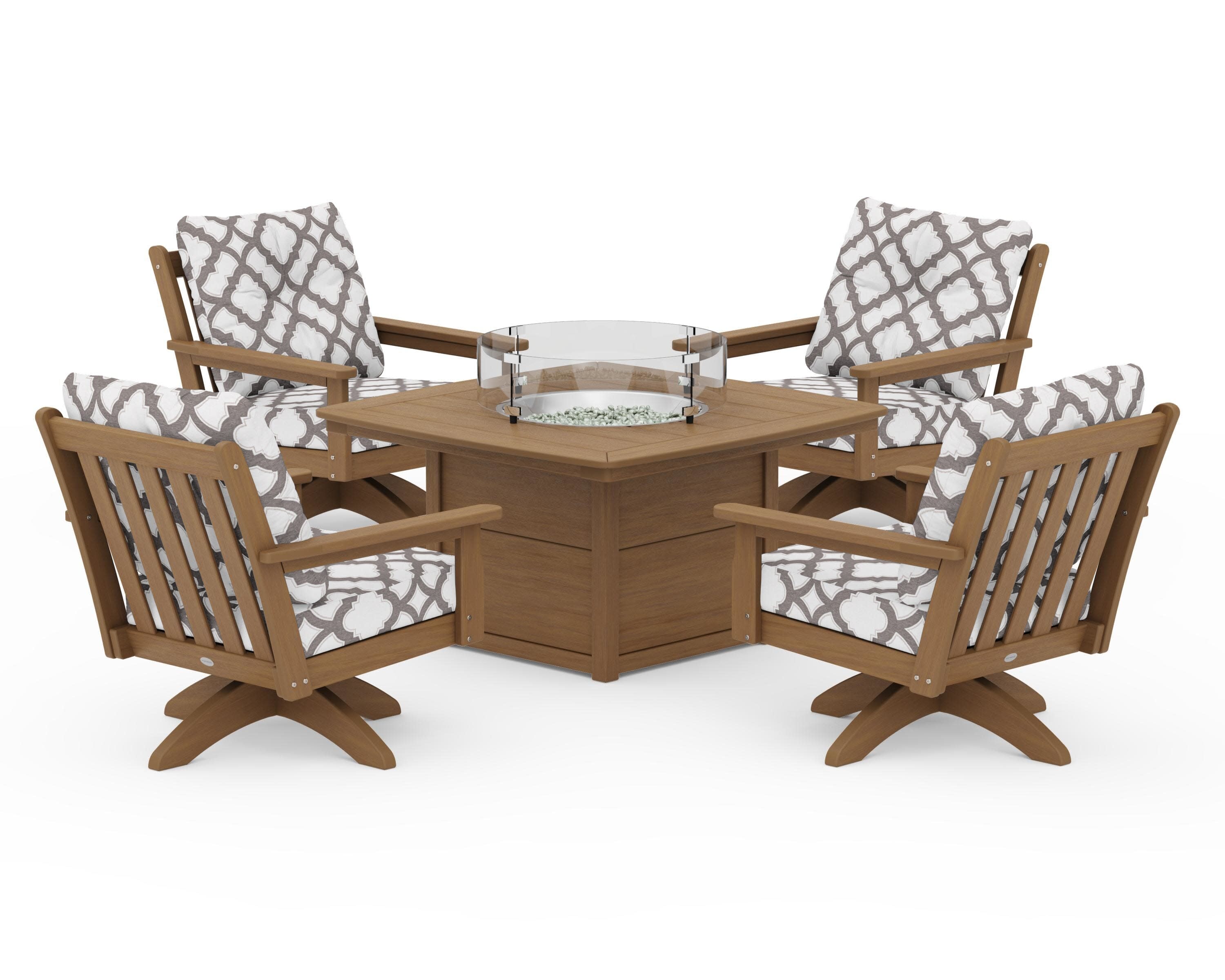 Vineyard 5-Piece Deep Seating Swivel Conversation Set with Fire Pit Table in Natural / Trellis Grey Mist