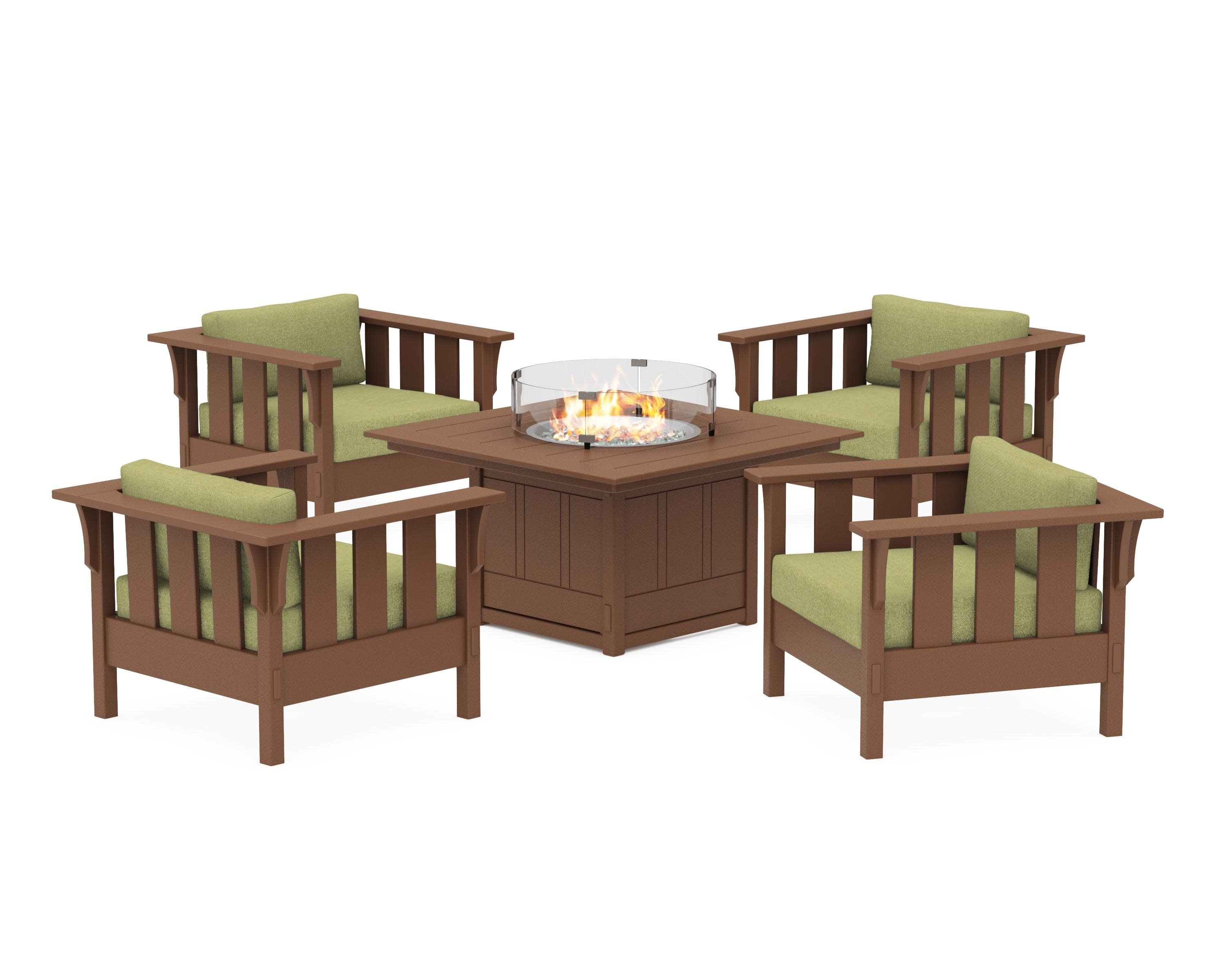 Acadia 5-Piece Deep Seating Set with Fire Pit Table in Teak / Chartreuse Boucle