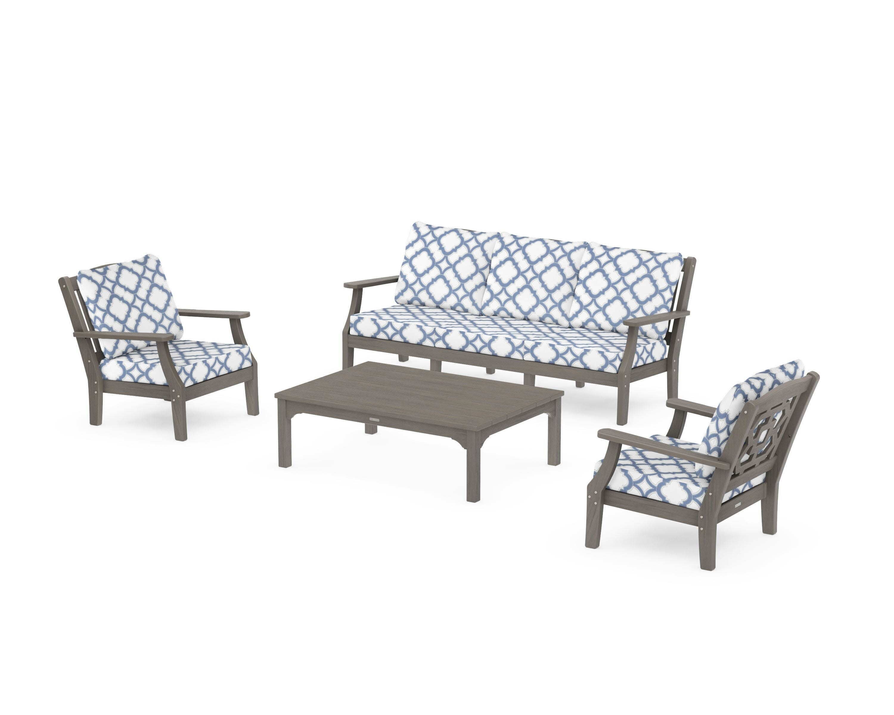 Chinoiserie 4-Piece Deep Seating Set with Sofa in Driftwood / Trellis Sky Blue