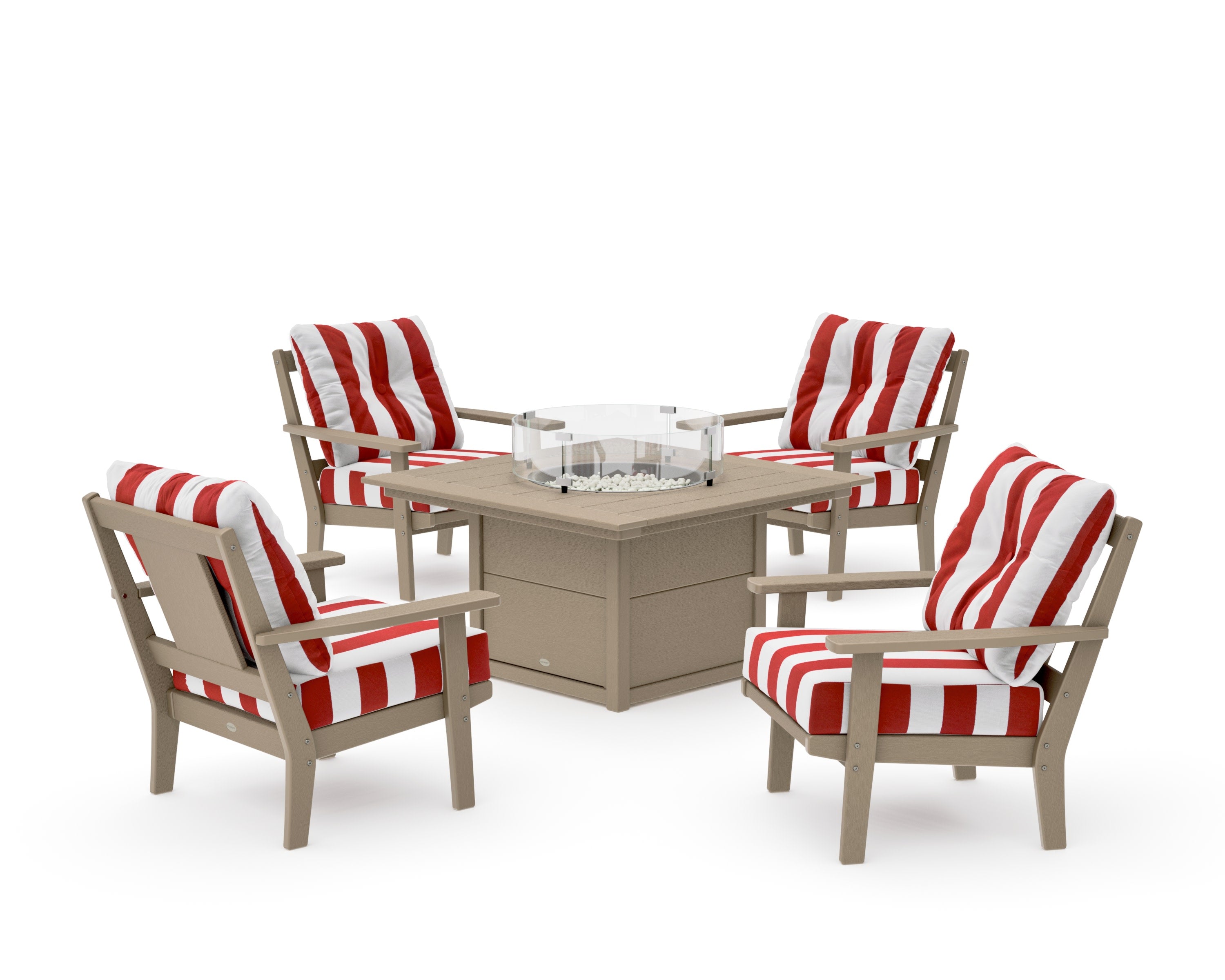 Prairie 5-Piece Deep Seating Set with Fire Pit Table in Vintage Sahara / Cabana Stripe Crimson