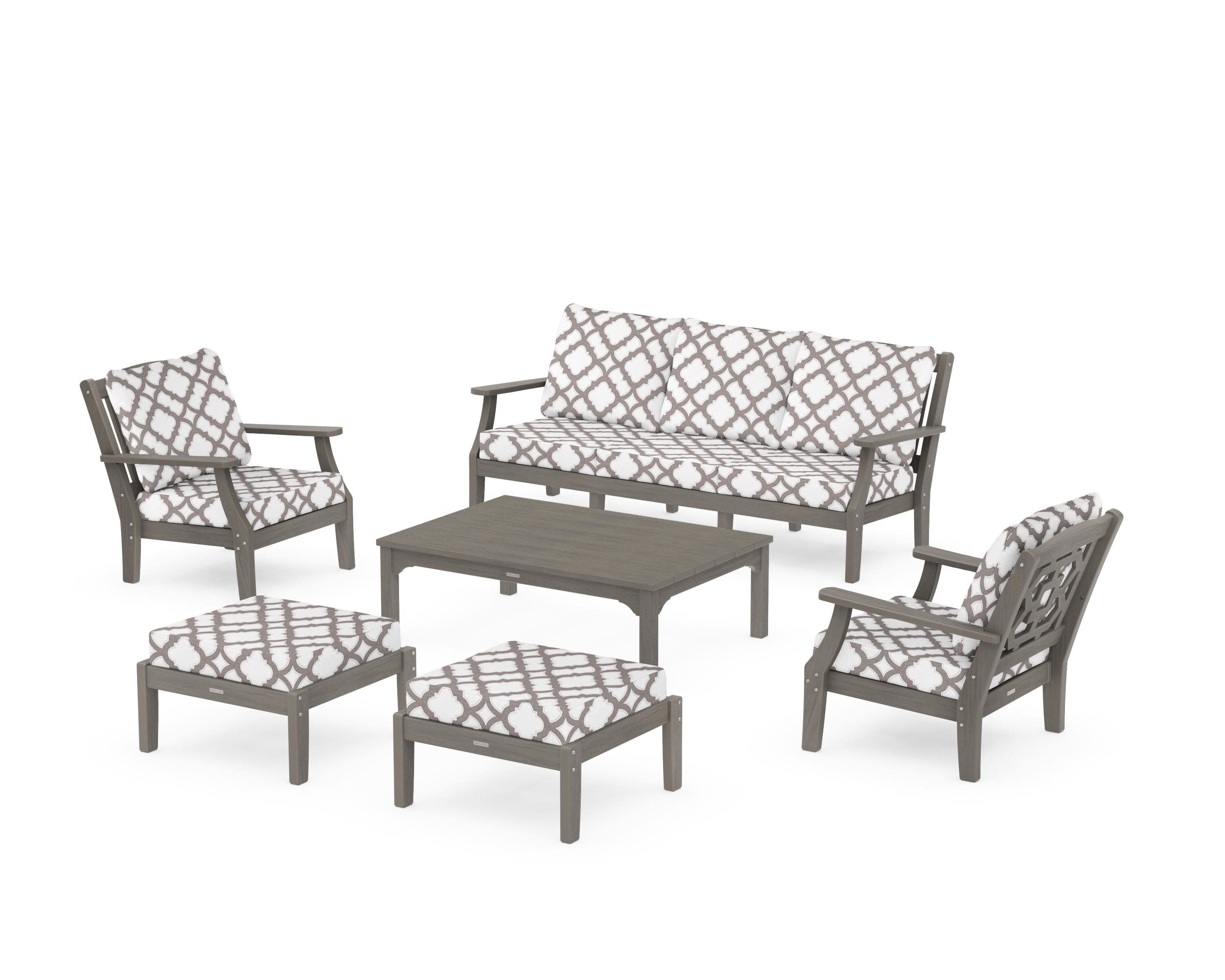 Chinoiserie 6-Piece Lounge Sofa Set in Driftwood / Trellis Grey Mist