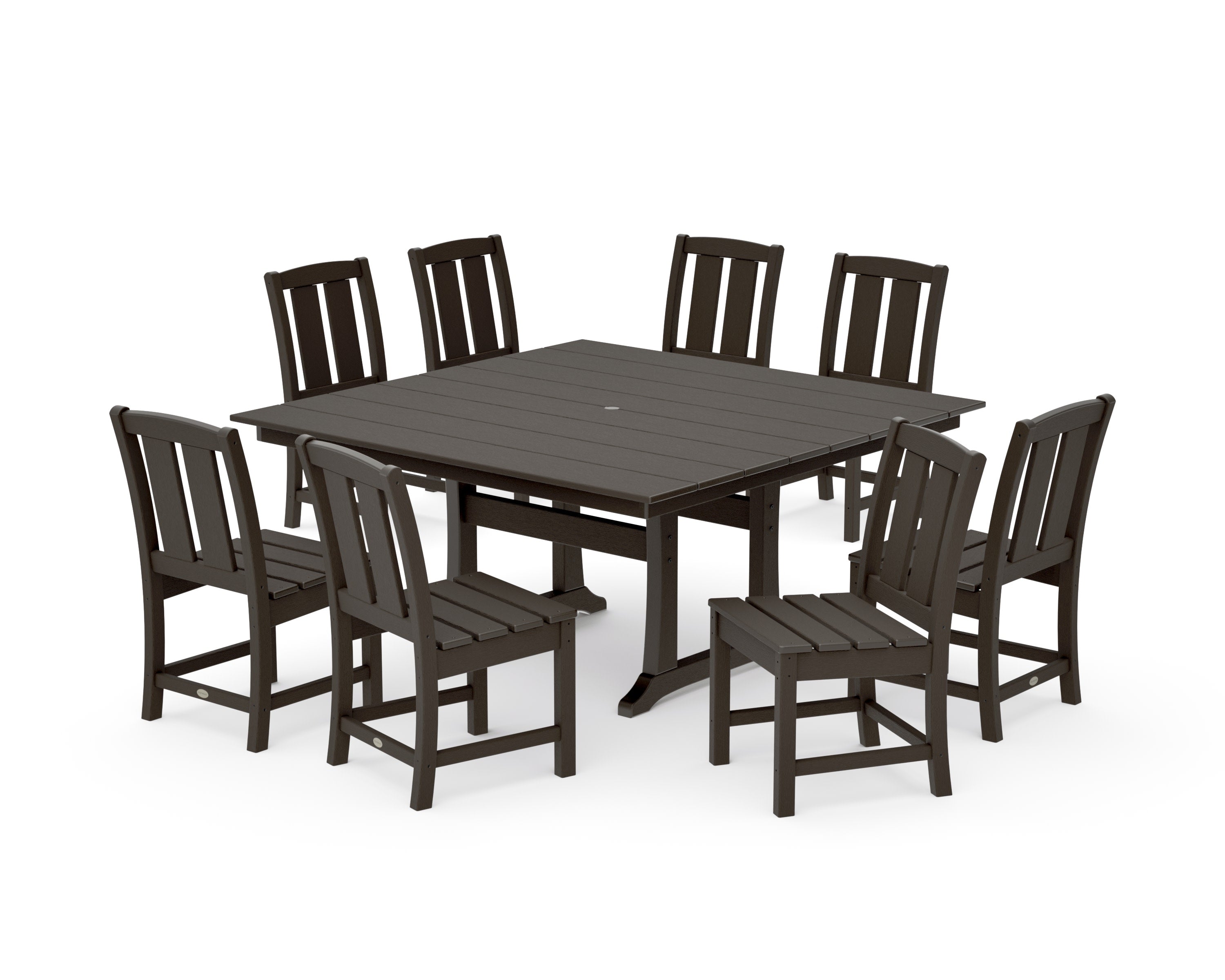 Mission Side Chair 9-Piece Square Farmhouse Dining Set with Trestle Legs in Vintage Coffee