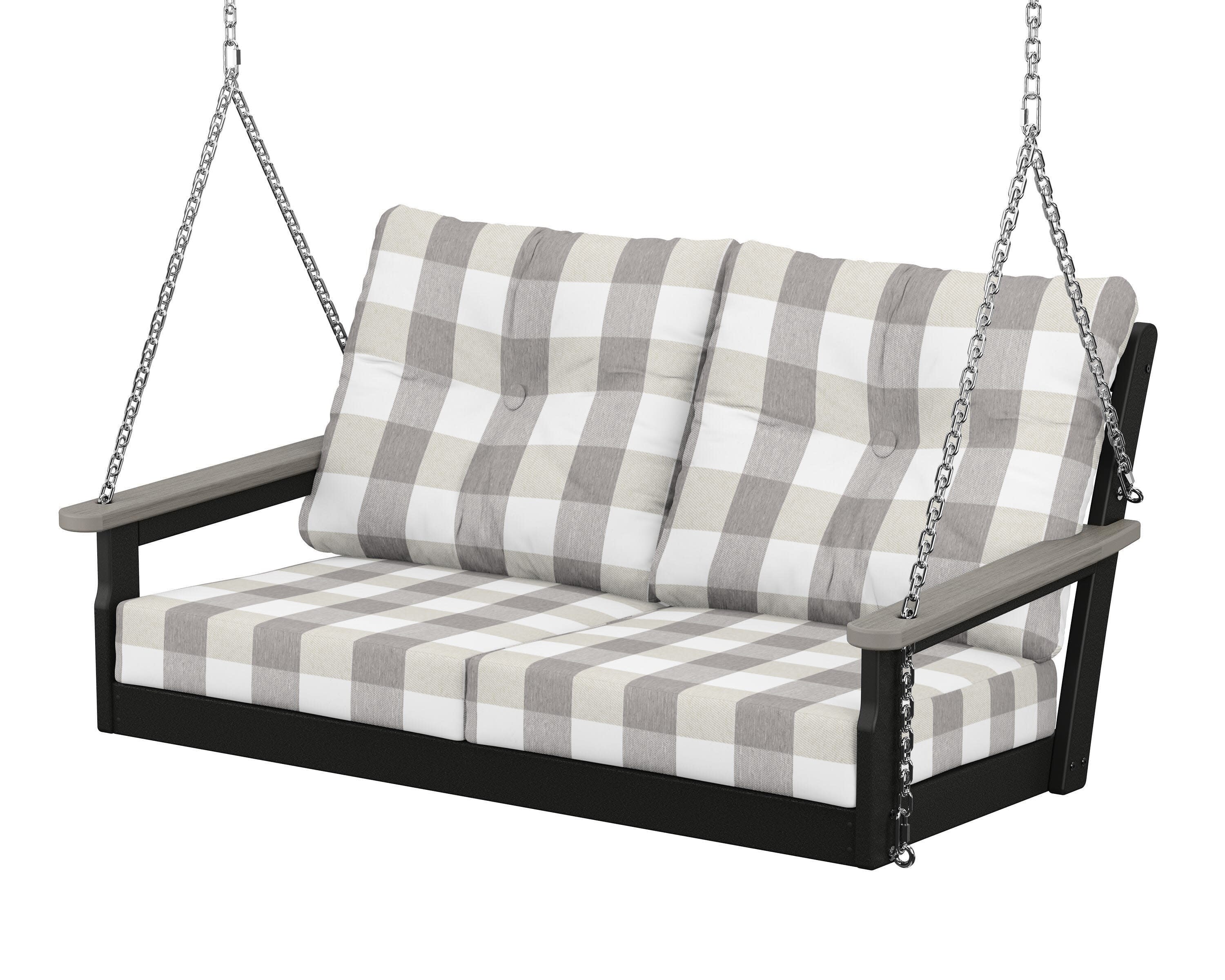 Vineyard Deep Seating Swing in Black / Driftwood / Buffalo Plaid Grey Mist