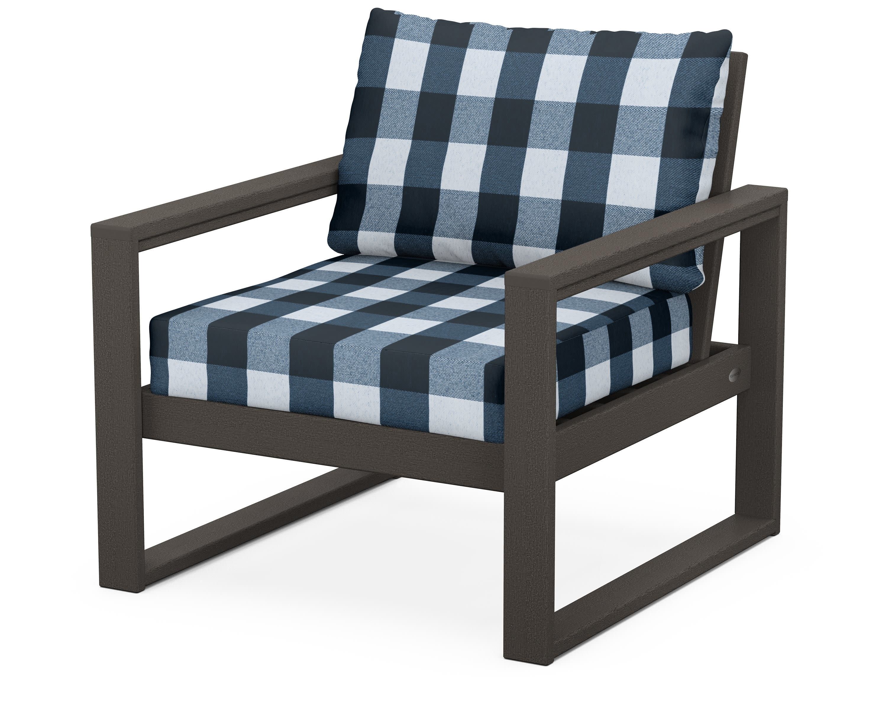 EDGE Club Chair in Vintage Coffee / Buffalo Plaid Marine Indigo