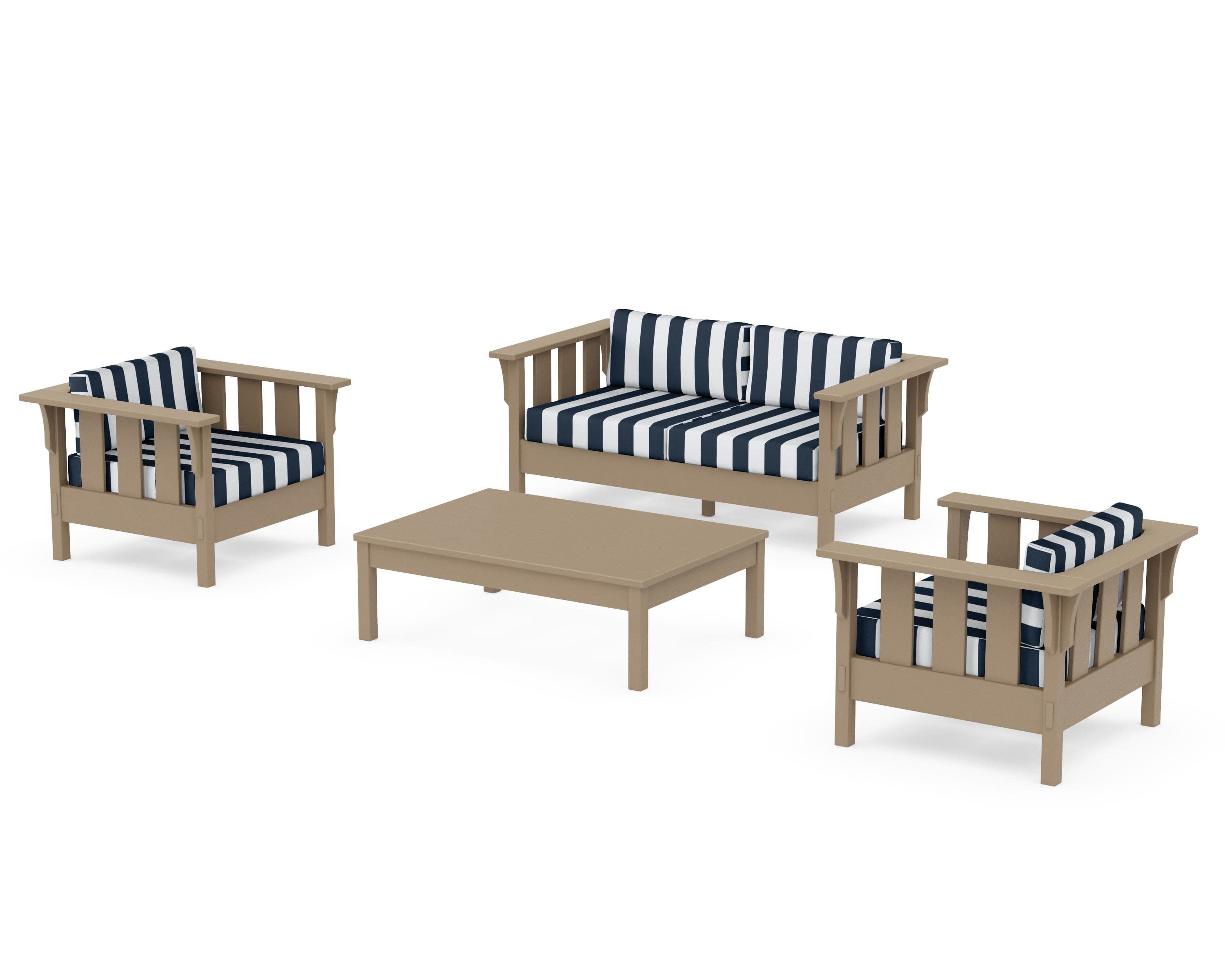 Acadia 4-Piece Deep Seating Set with Loveseat in Vintage Sahara / Cabana Stripe Marine Indigo